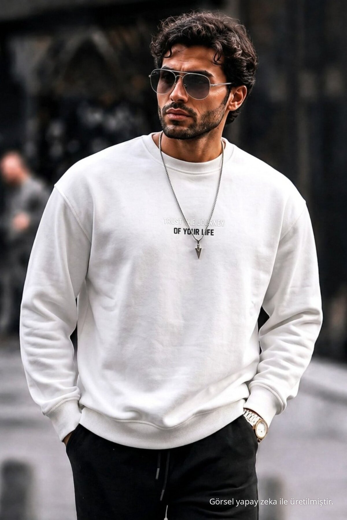 Erkek Pamuklu Baskılı Regular Fit Beyaz Sweatshirt 6