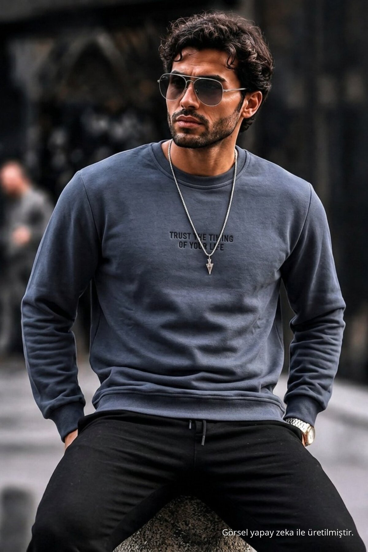 Erkek Pamuklu Baskılı Regular Fit Füme Sweatshirt 4