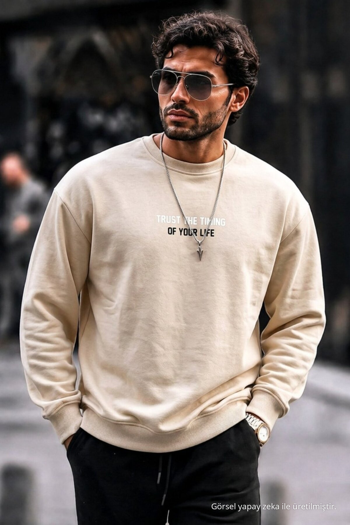 Erkek Pamuklu Baskılı Regular Fit Krem Sweatshirt 6