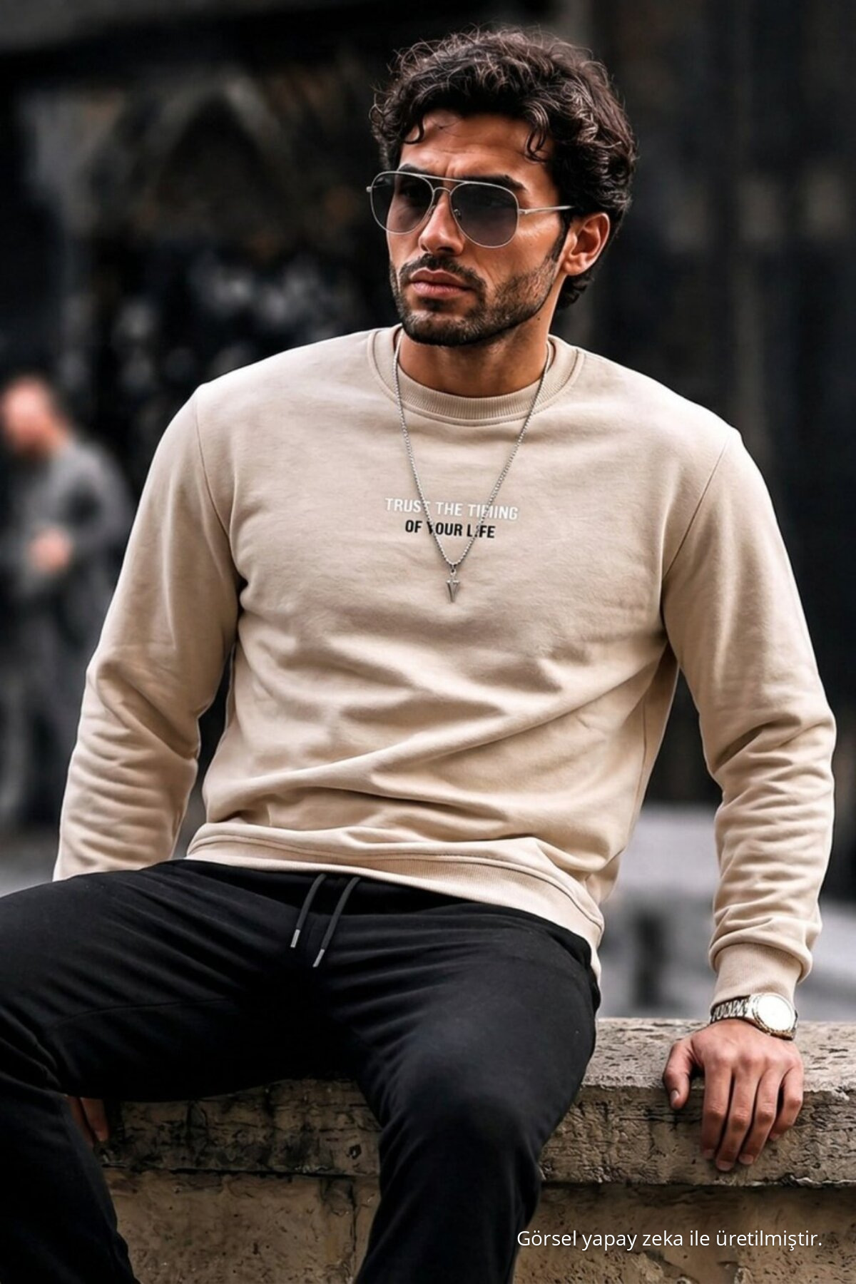Erkek Pamuklu Baskılı Regular Fit Krem Sweatshirt 4