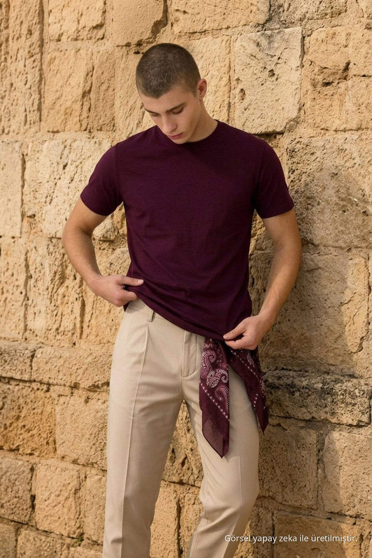 Erkek Casual Straight Bordo Esnek Tişört 3