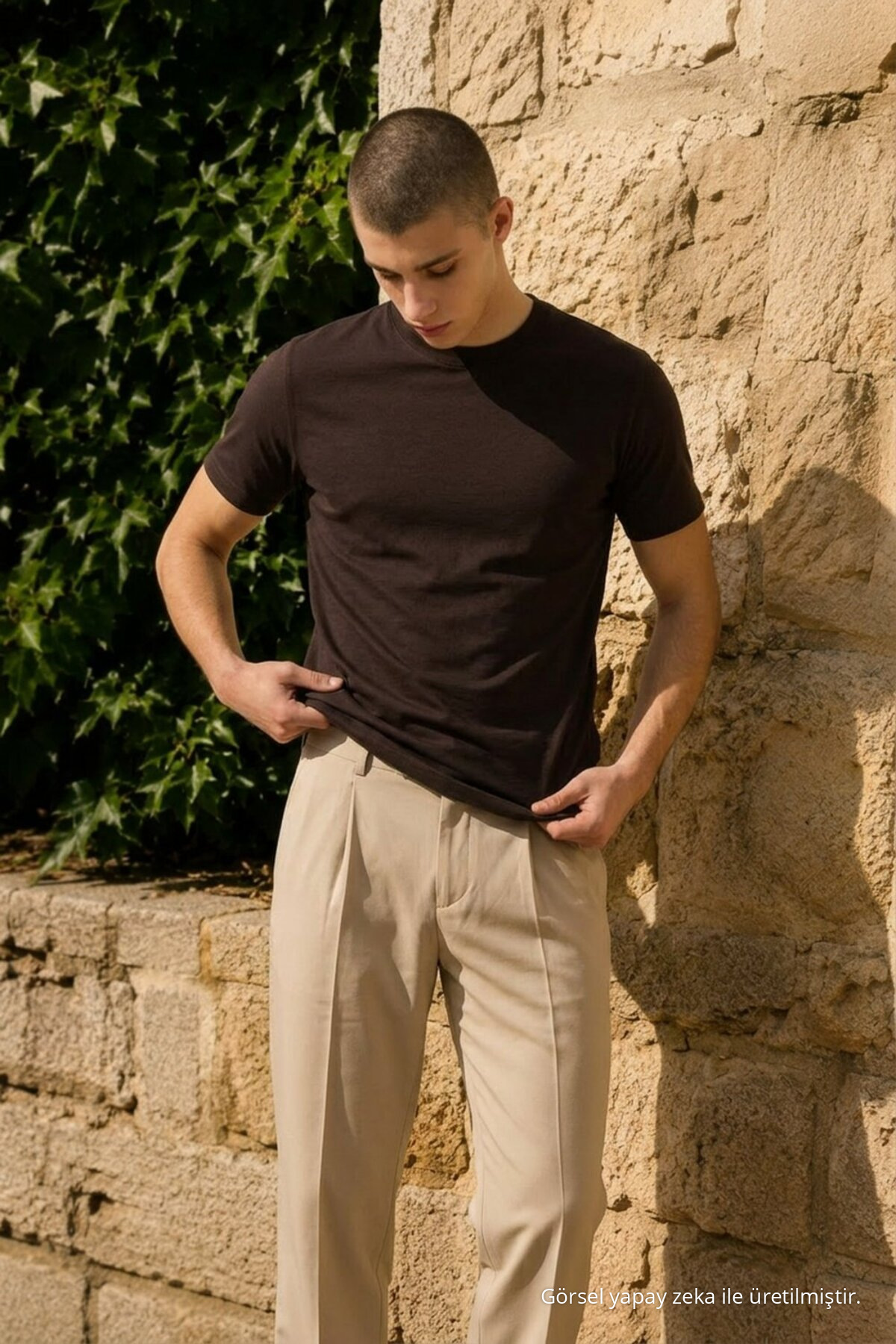 Erkek Casual Straight Kahve Esnek Tişört 3