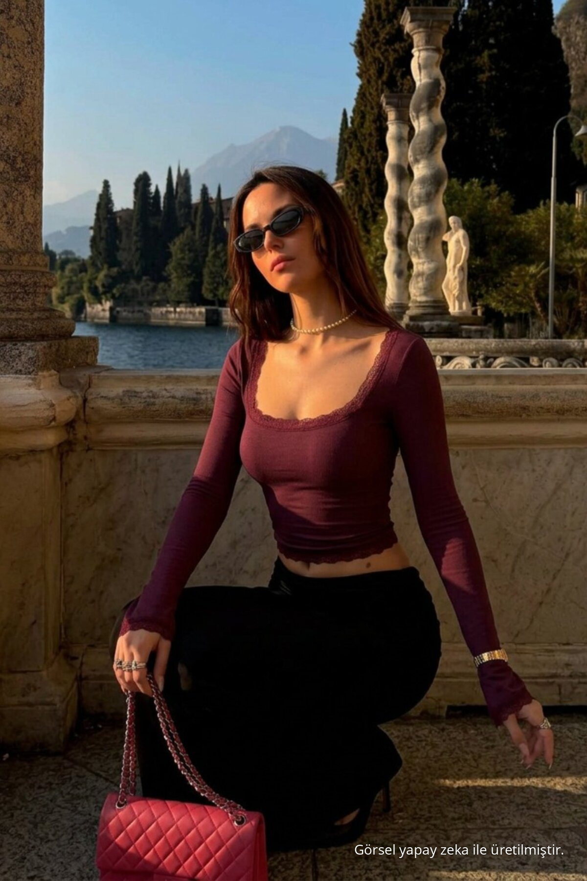 Kadın Dantelli Kare Yaka Bordo Korse Bluz 4