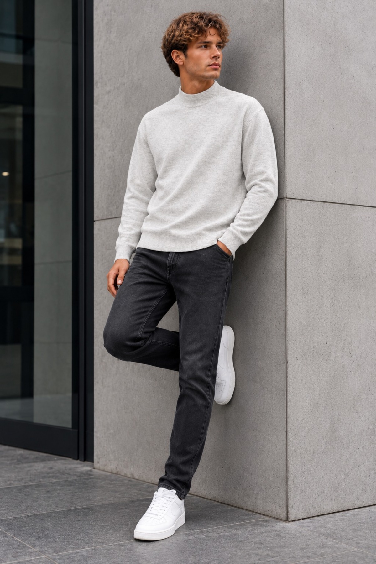 Erkek Yarım Dik Yaka Relaxed Fit Premium Açık Gri Kazak 6