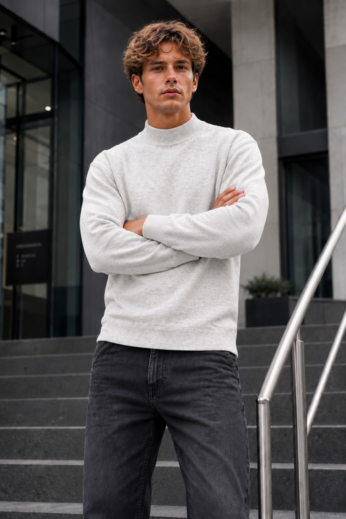 Erkek Yarım Dik Yaka Relaxed Fit Premium Açık Gri Kazak 5
