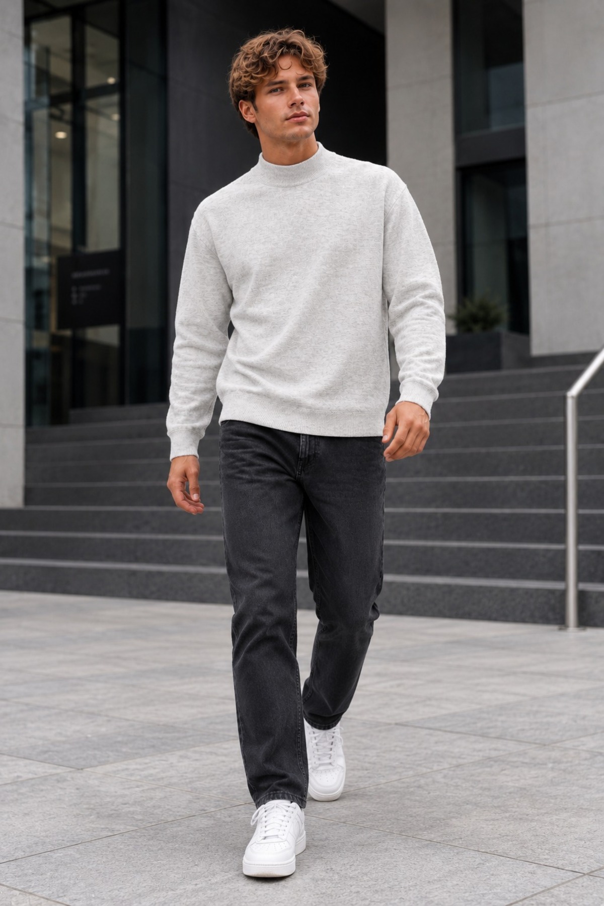 Erkek Yarım Dik Yaka Relaxed Fit Premium Açık Gri Kazak 3