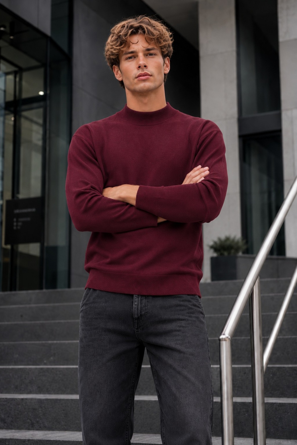 Erkek Yarım Dik Yaka Relaxed Fit Premium Bordo Kazak 5