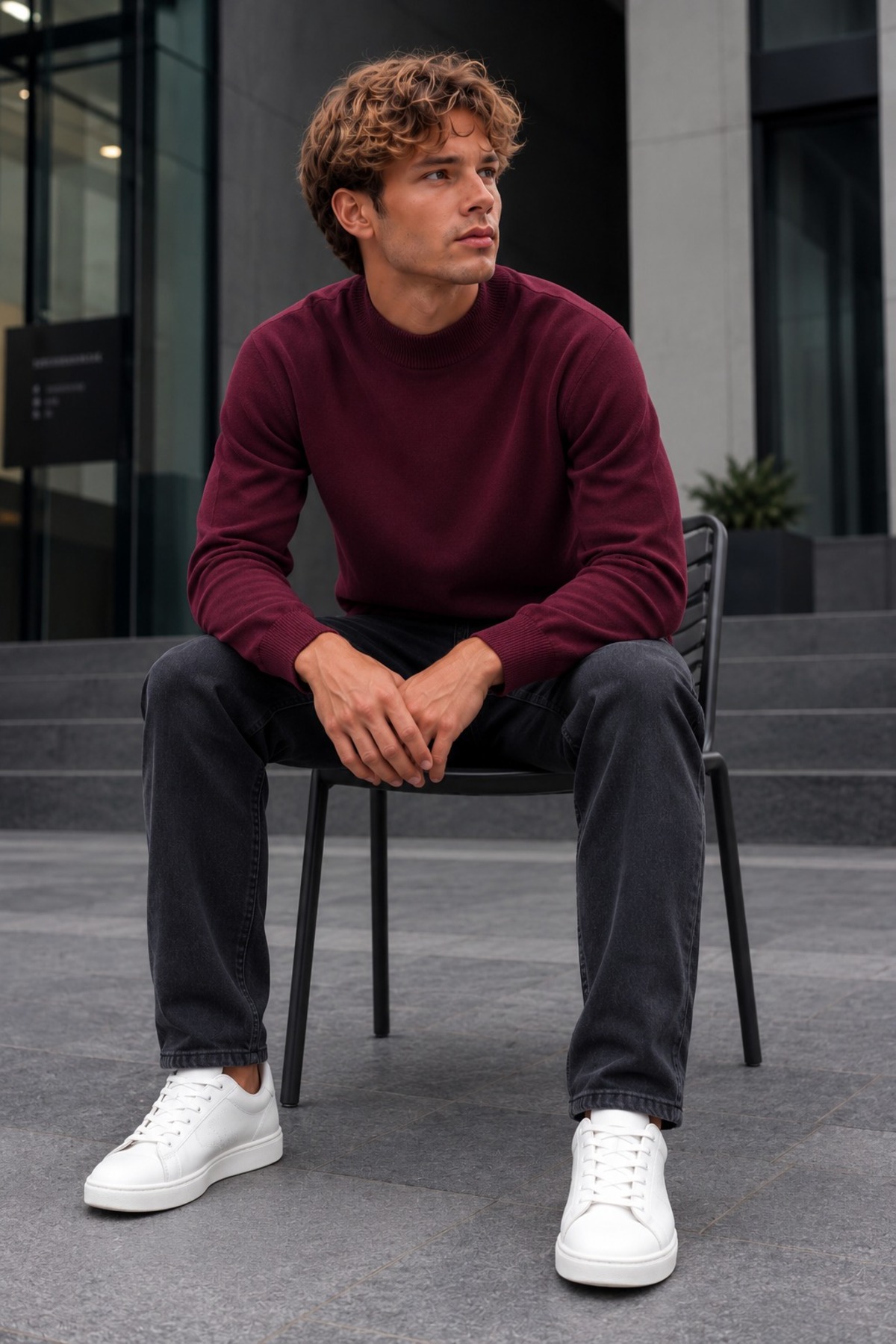 Erkek Yarım Dik Yaka Relaxed Fit Premium Bordo Kazak 4