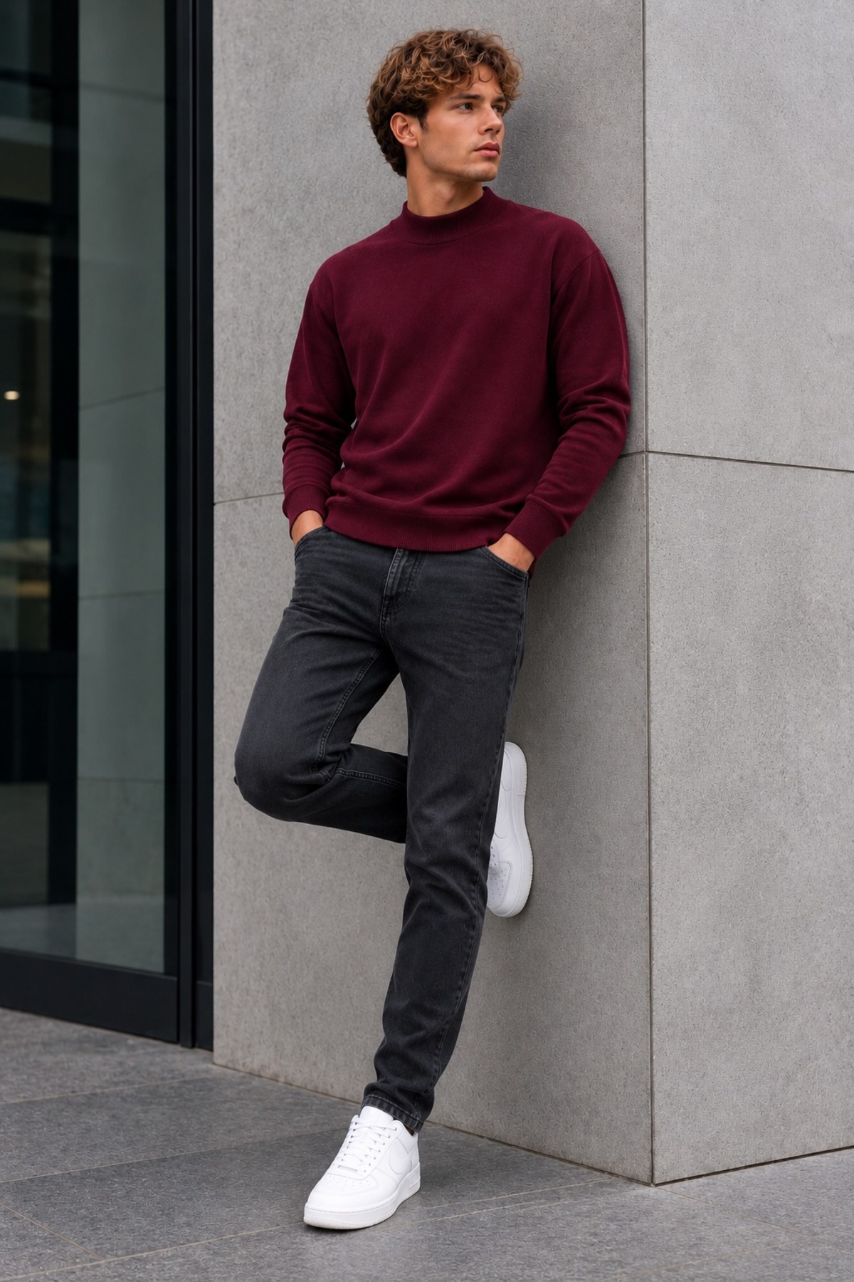 Erkek Yarım Dik Yaka Relaxed Fit Premium Bordo Kazak 6