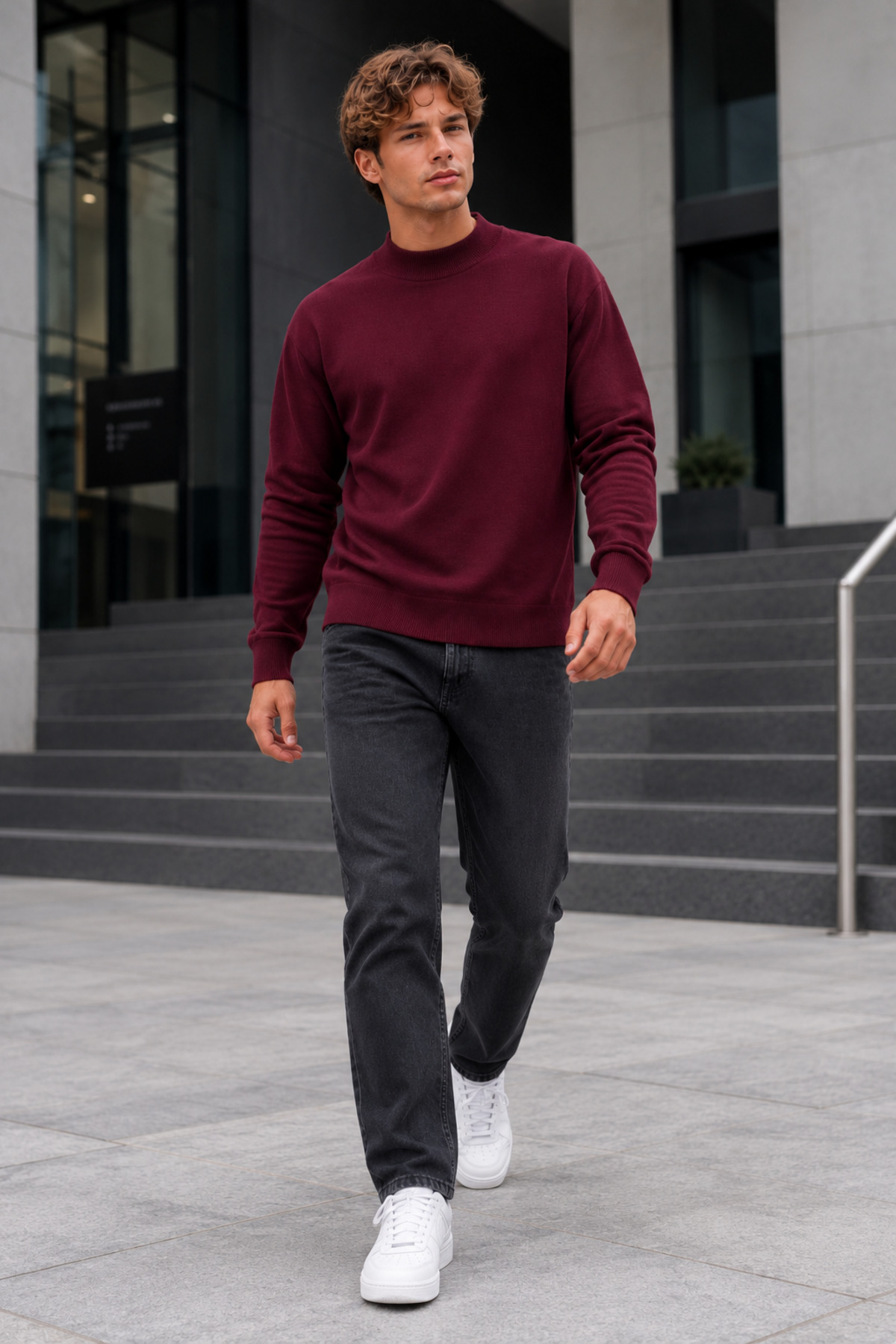 Erkek Yarım Dik Yaka Relaxed Fit Premium Bordo Kazak 3