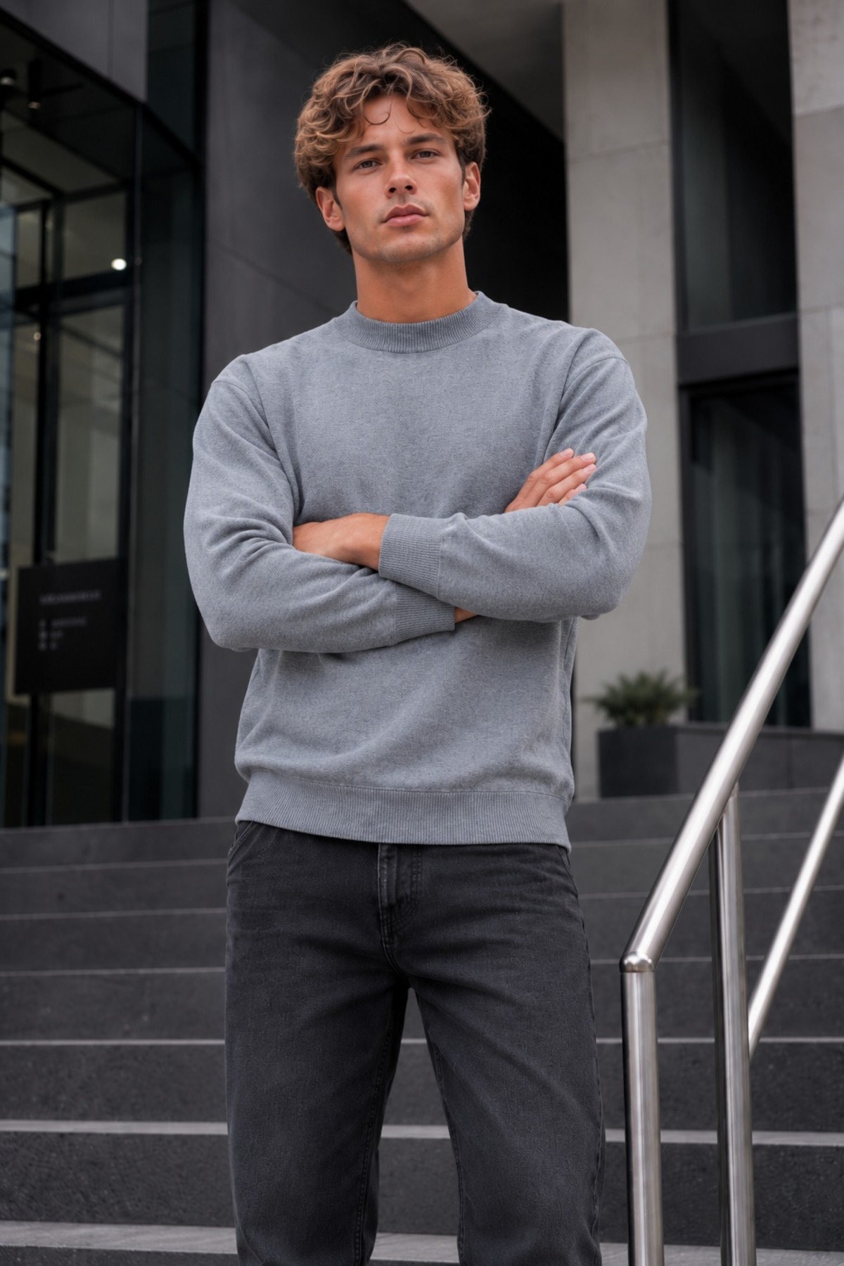 Erkek Yarım Dik Yaka Relaxed Fit Premium Gri Kazak 6
