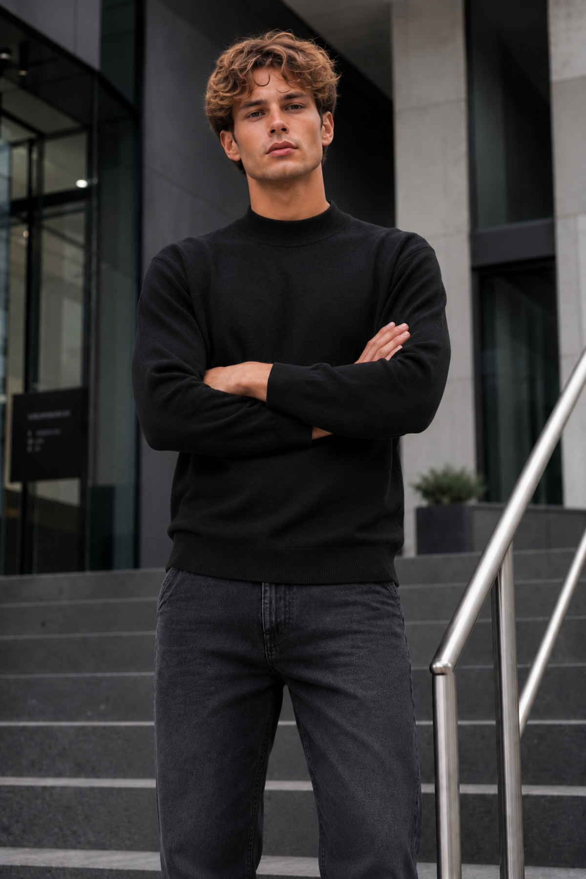 Erkek Yarım Dik Yaka Relaxed Fit Premium Siyah Kazak 6