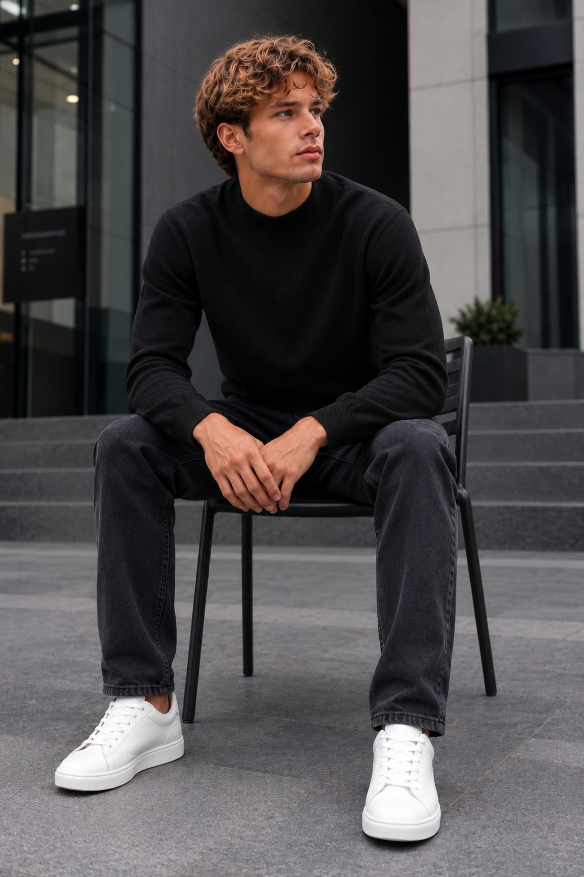 Erkek Yarım Dik Yaka Relaxed Fit Premium Siyah Kazak 5