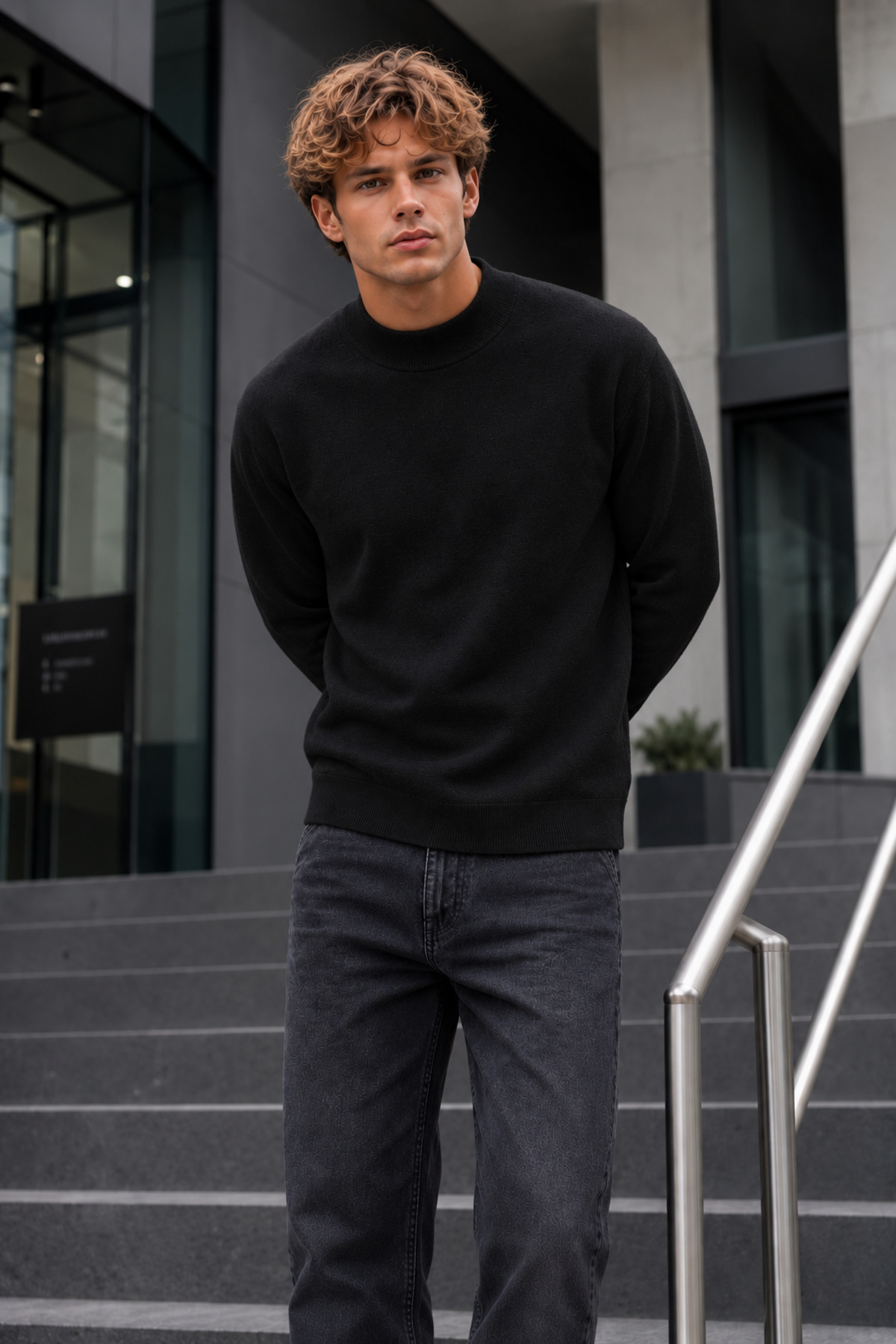 Erkek Yarım Dik Yaka Relaxed Fit Premium Siyah Kazak 3