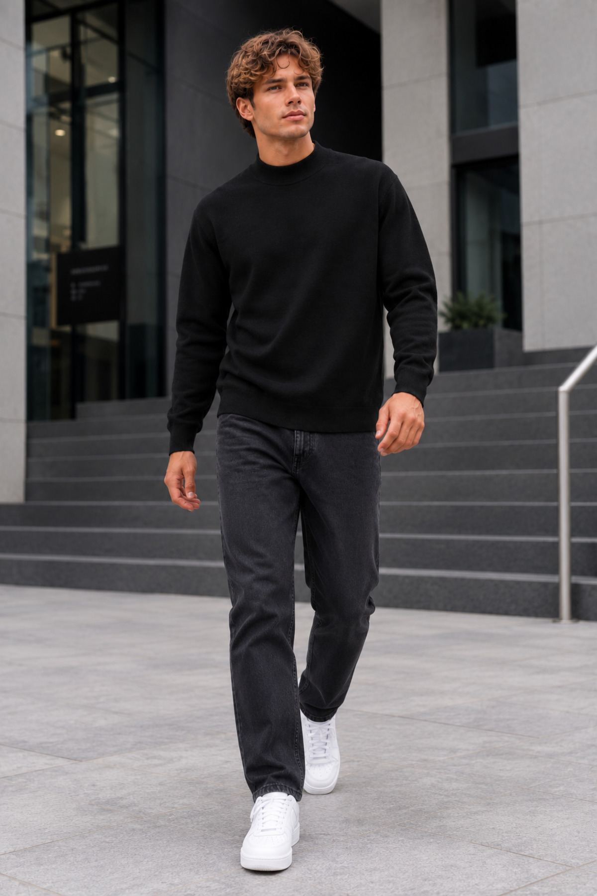 Erkek Yarım Dik Yaka Relaxed Fit Premium Siyah Kazak 4