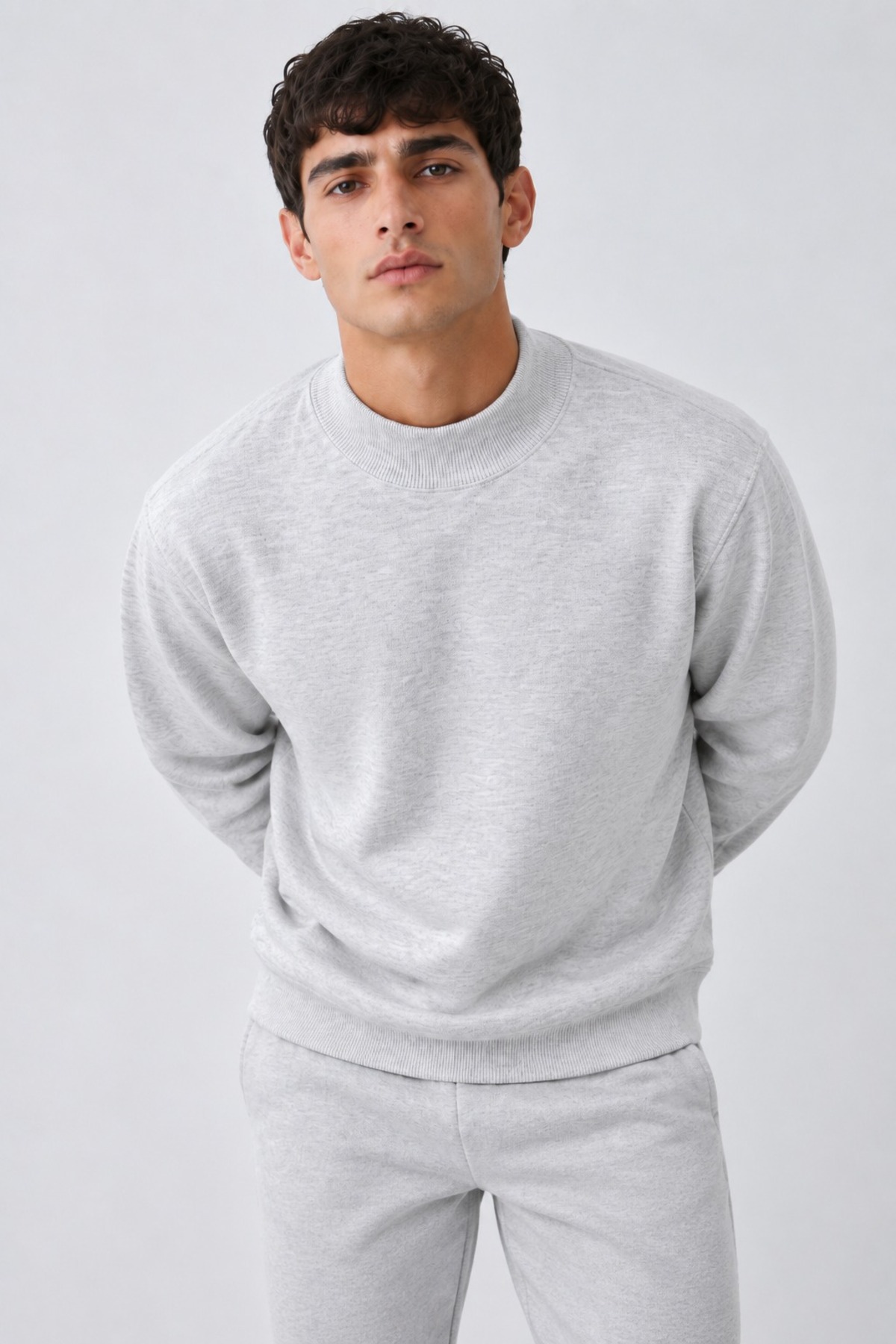 Erkek Yarı Boğazlı Düz Desen Casual Günlük Açık Gri Kazak 3