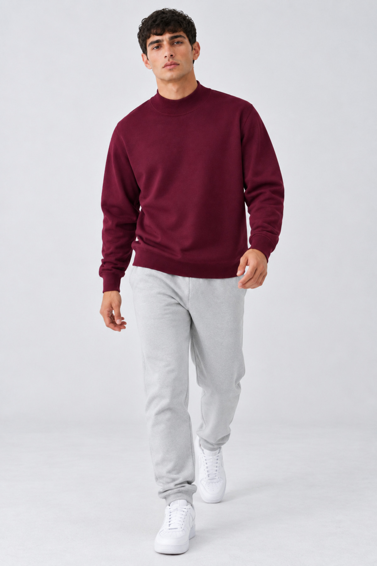 Erkek Yarı Boğazlı Düz Desen Casual Günlük Bordo Kazak 4