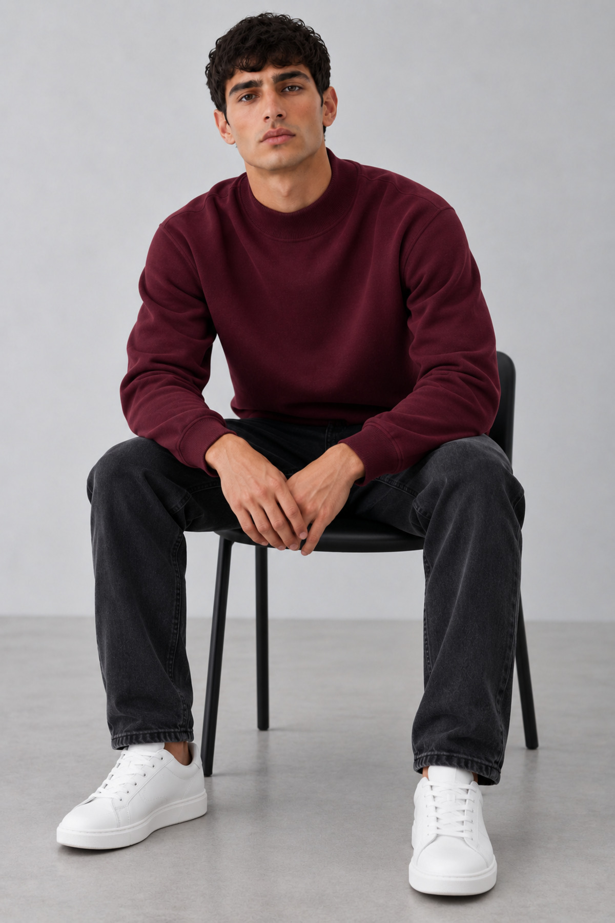 Erkek Yarı Boğazlı Düz Desen Casual Günlük Bordo Kazak 5