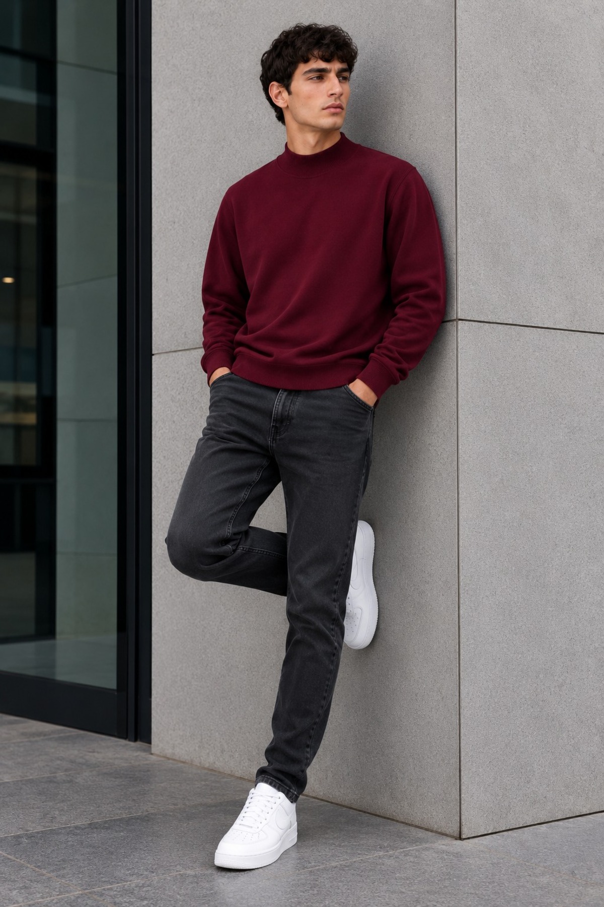 Erkek Yarı Boğazlı Düz Desen Casual Günlük Bordo Kazak 6