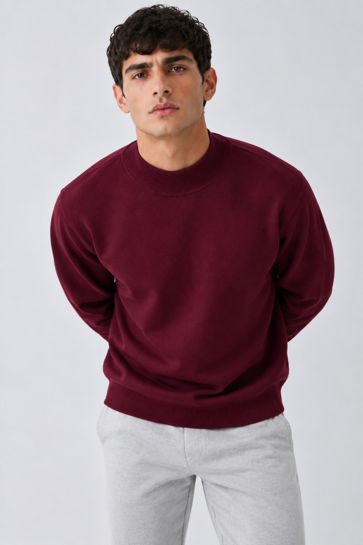 Erkek Yarı Boğazlı Düz Desen Casual Günlük Bordo Kazak 3
