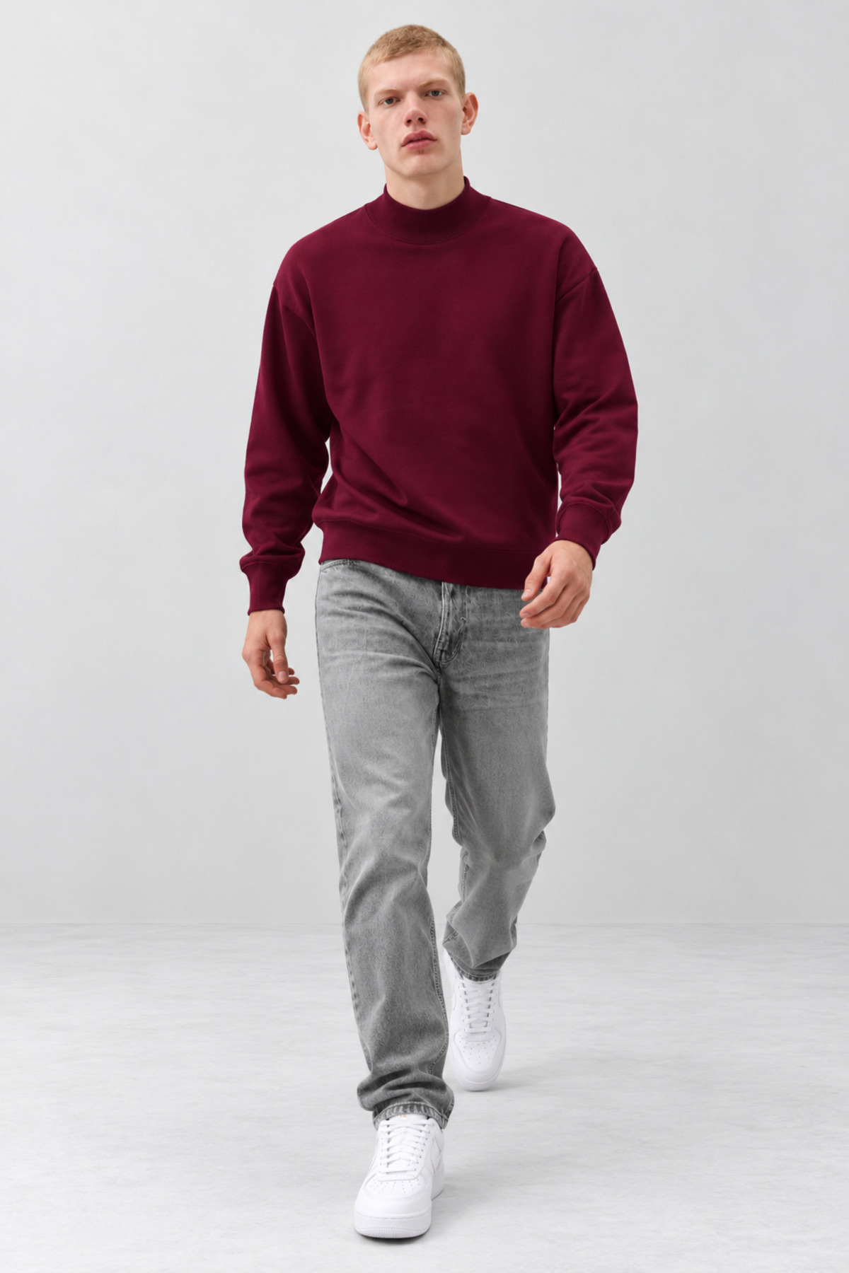 Erkek Oversize Dik Yaka Basic Bordo Kazak 3