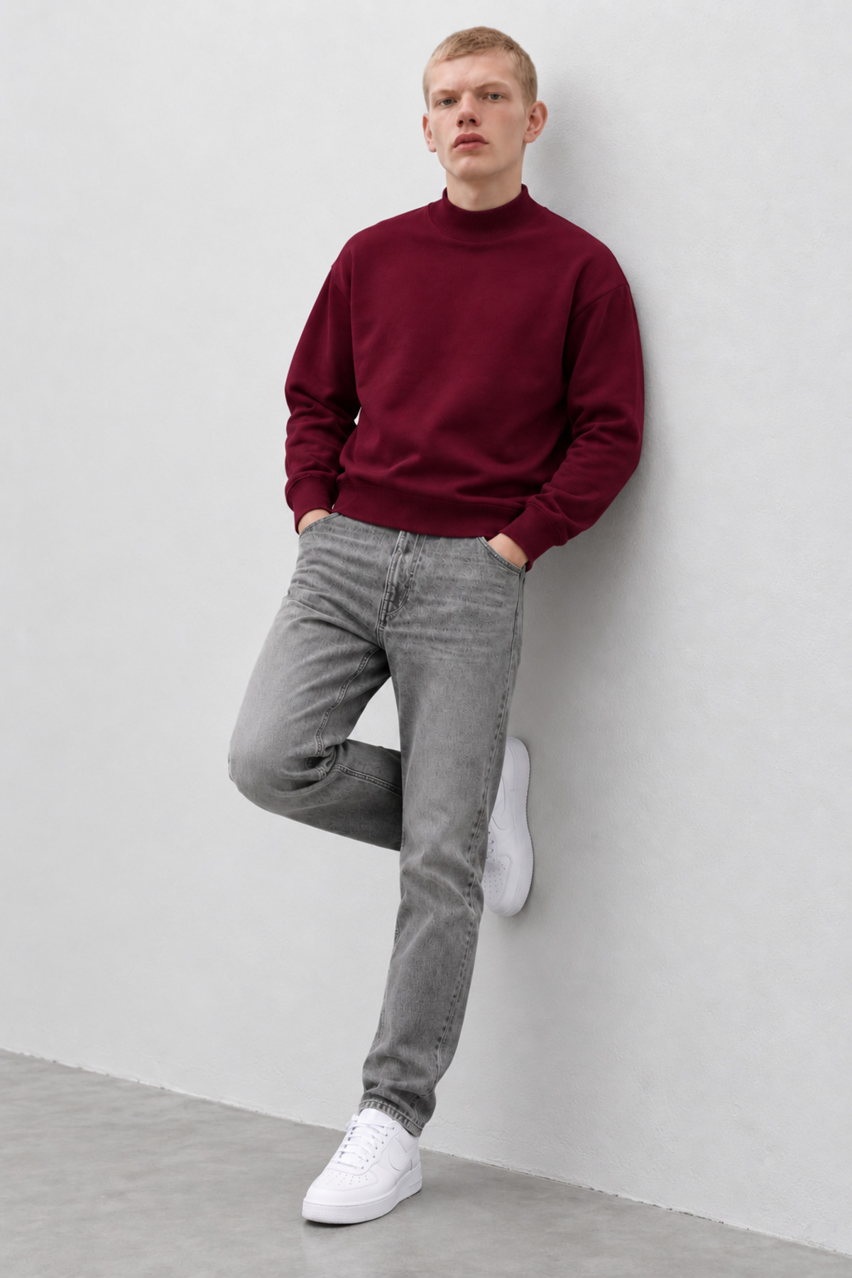 Erkek Oversize Dik Yaka Basic Bordo Kazak 6