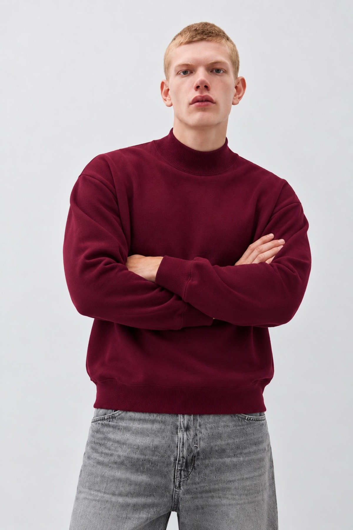 Erkek Oversize Dik Yaka Basic Bordo Kazak 5