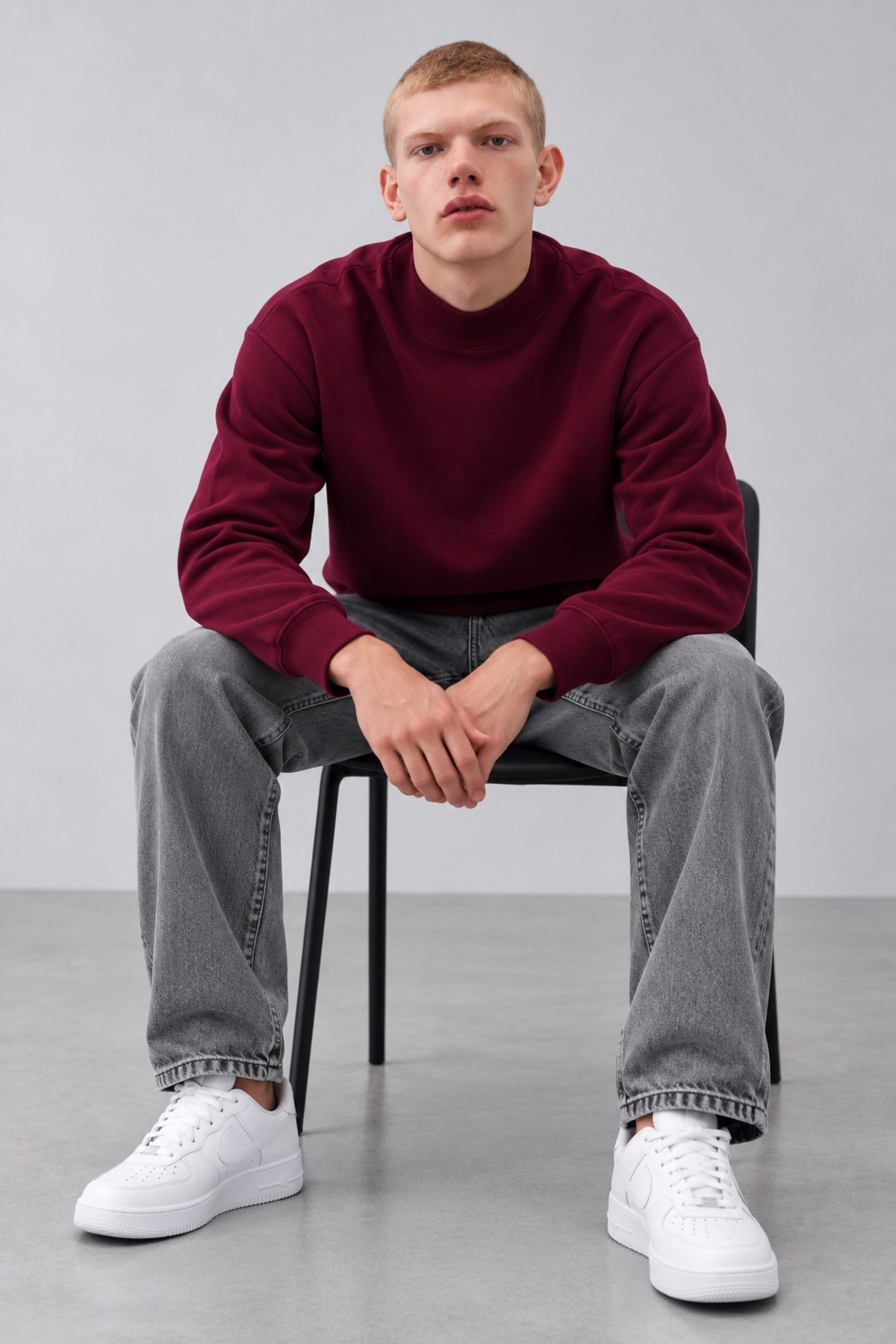 Erkek Oversize Dik Yaka Basic Bordo Kazak 4