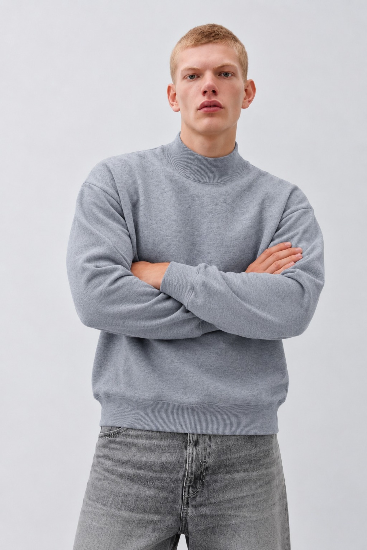 Erkek Oversize Dik Yaka Basic Gri Kazak 5