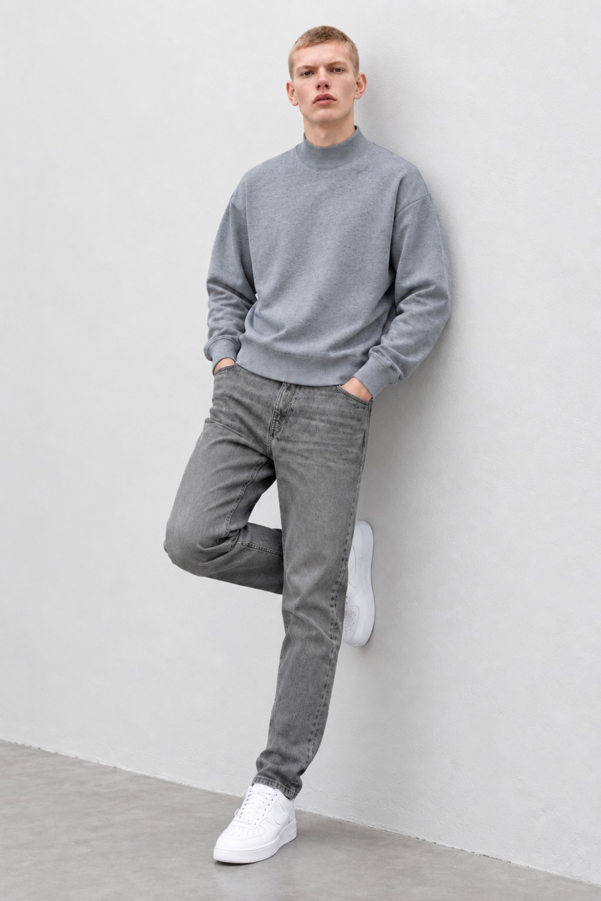 Erkek Oversize Dik Yaka Basic Gri Kazak 6