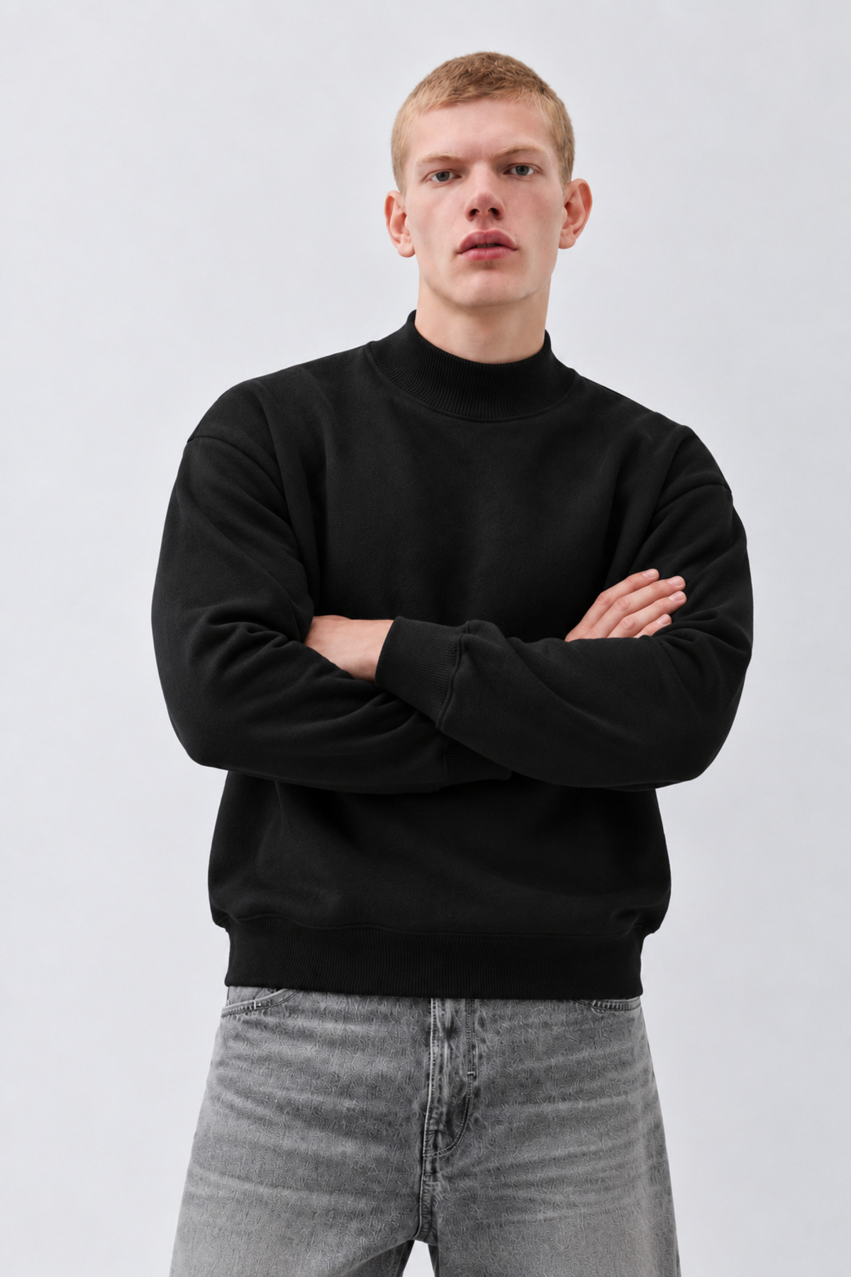 Erkek Oversize Dik Yaka Basic Siyah Kazak 5