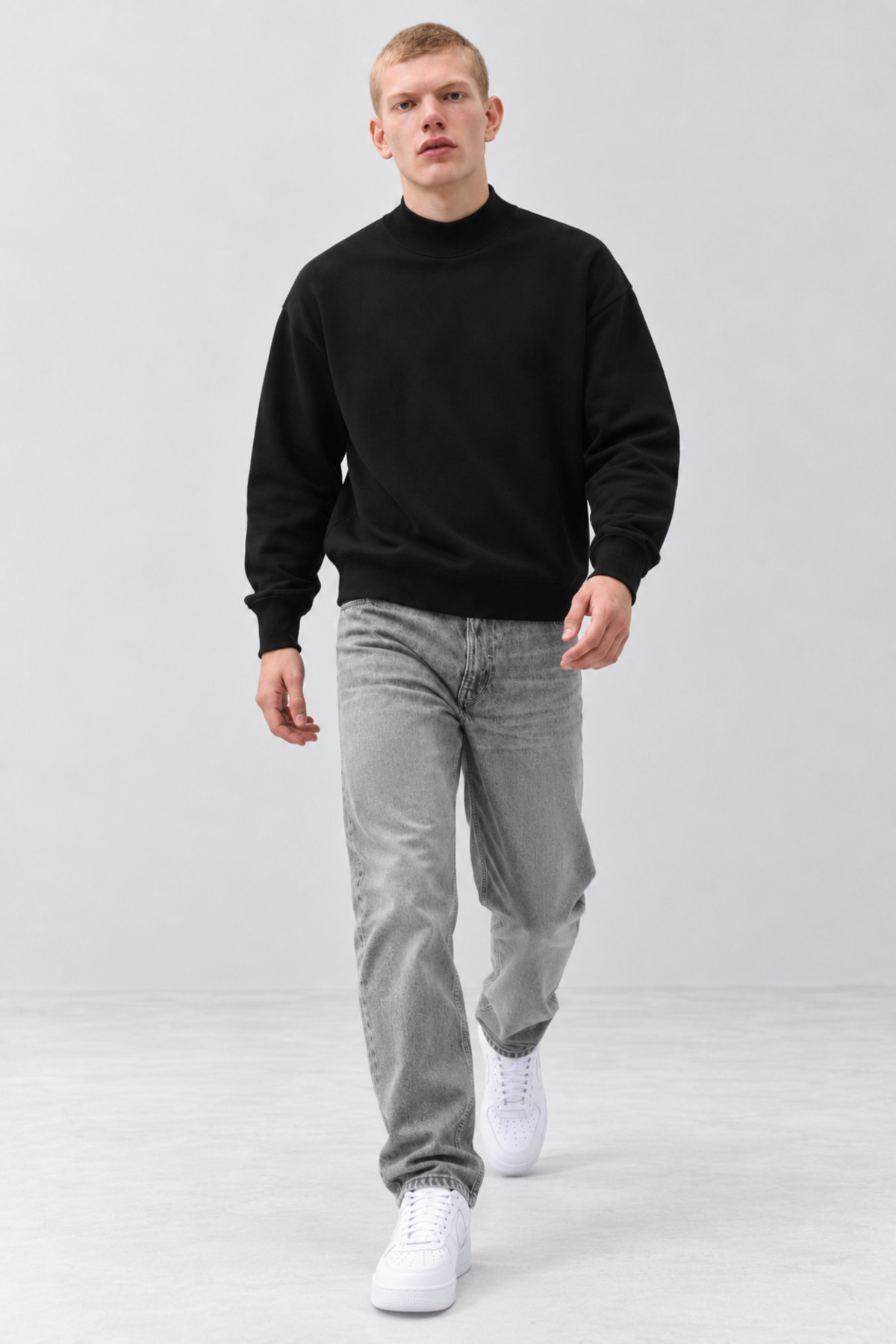 Erkek Oversize Dik Yaka Basic Siyah Kazak 3