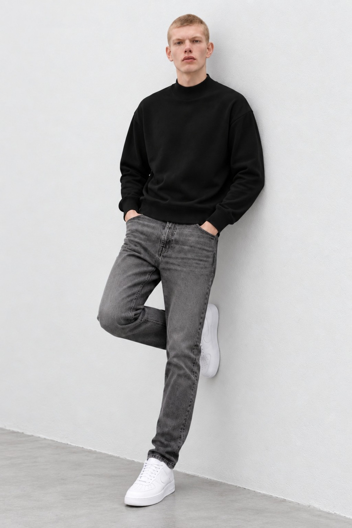 Erkek Oversize Dik Yaka Basic Siyah Kazak 6