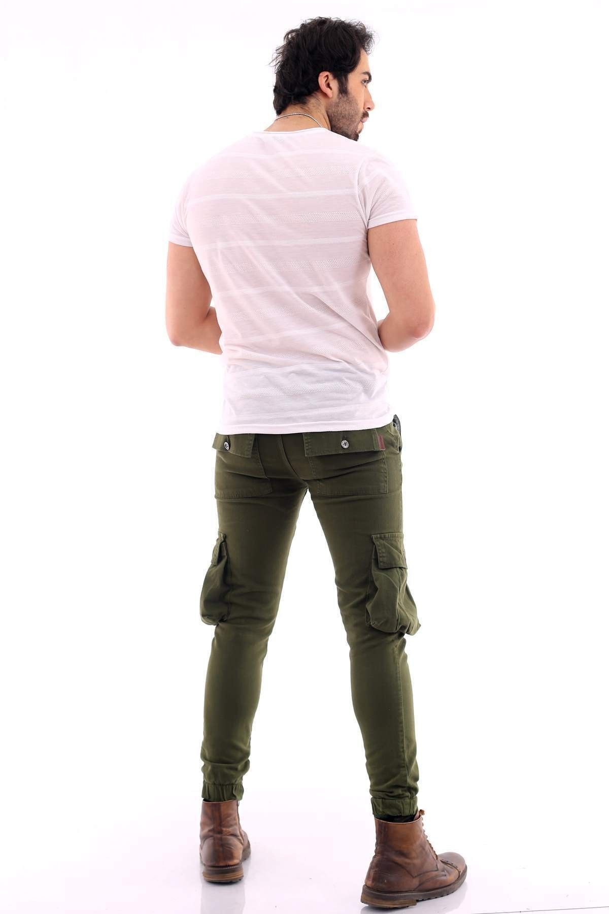 Erkek HAKİ Slim Fit Paçası Lastikli Kargo Cep Pantolon 3