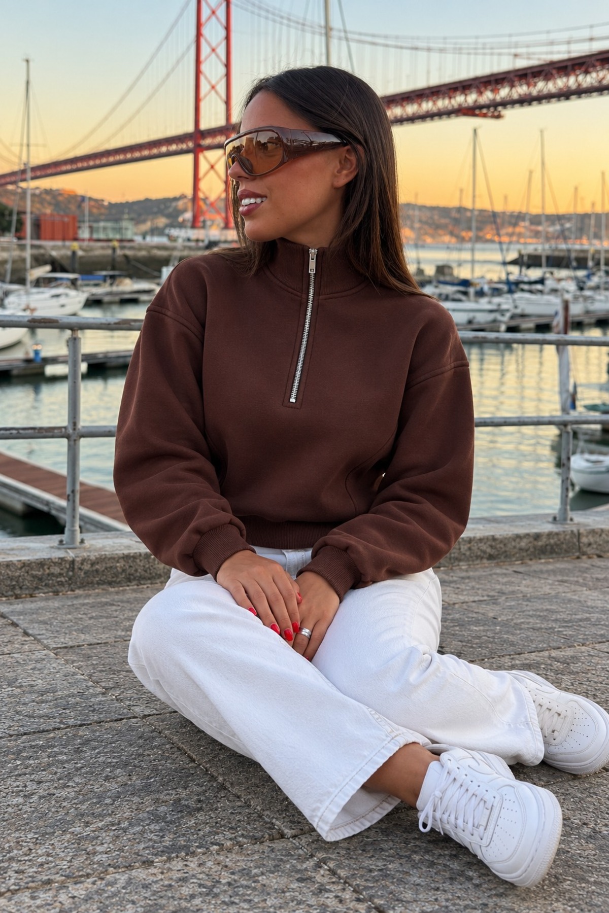 Kadın Rahat Fermuar Yakalı Günlük Kahve Sweatshirt 3