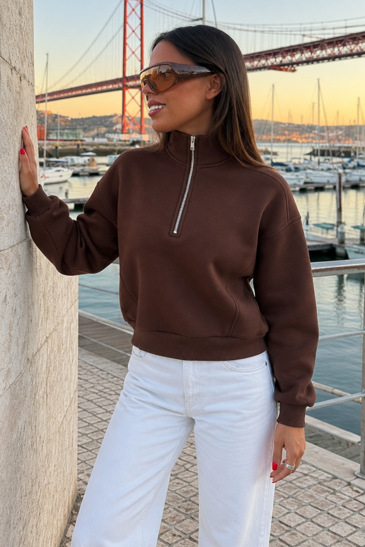 Kadın Rahat Fermuar Yakalı Günlük Kahve Sweatshirt 4