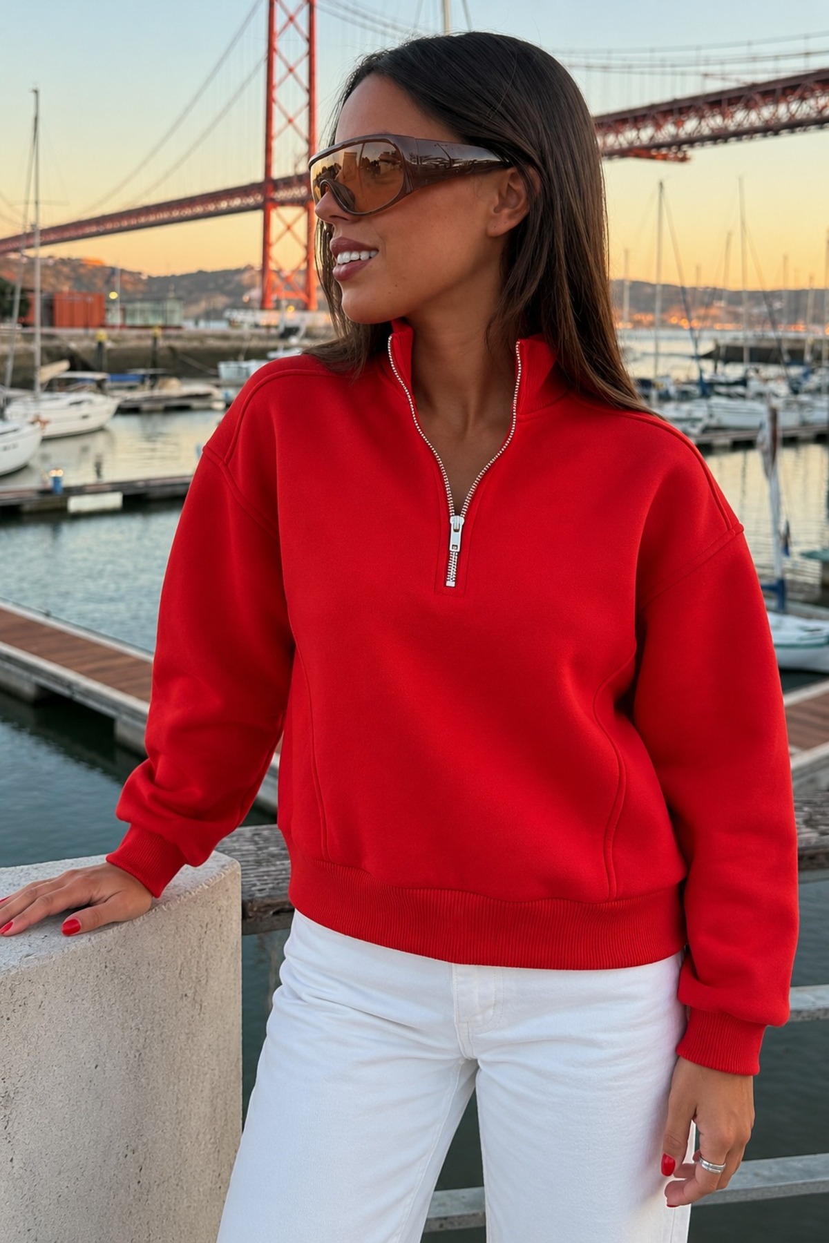 Kadın Rahat Fermuar Yakalı Günlük Kırmızı Sweatshirt 4