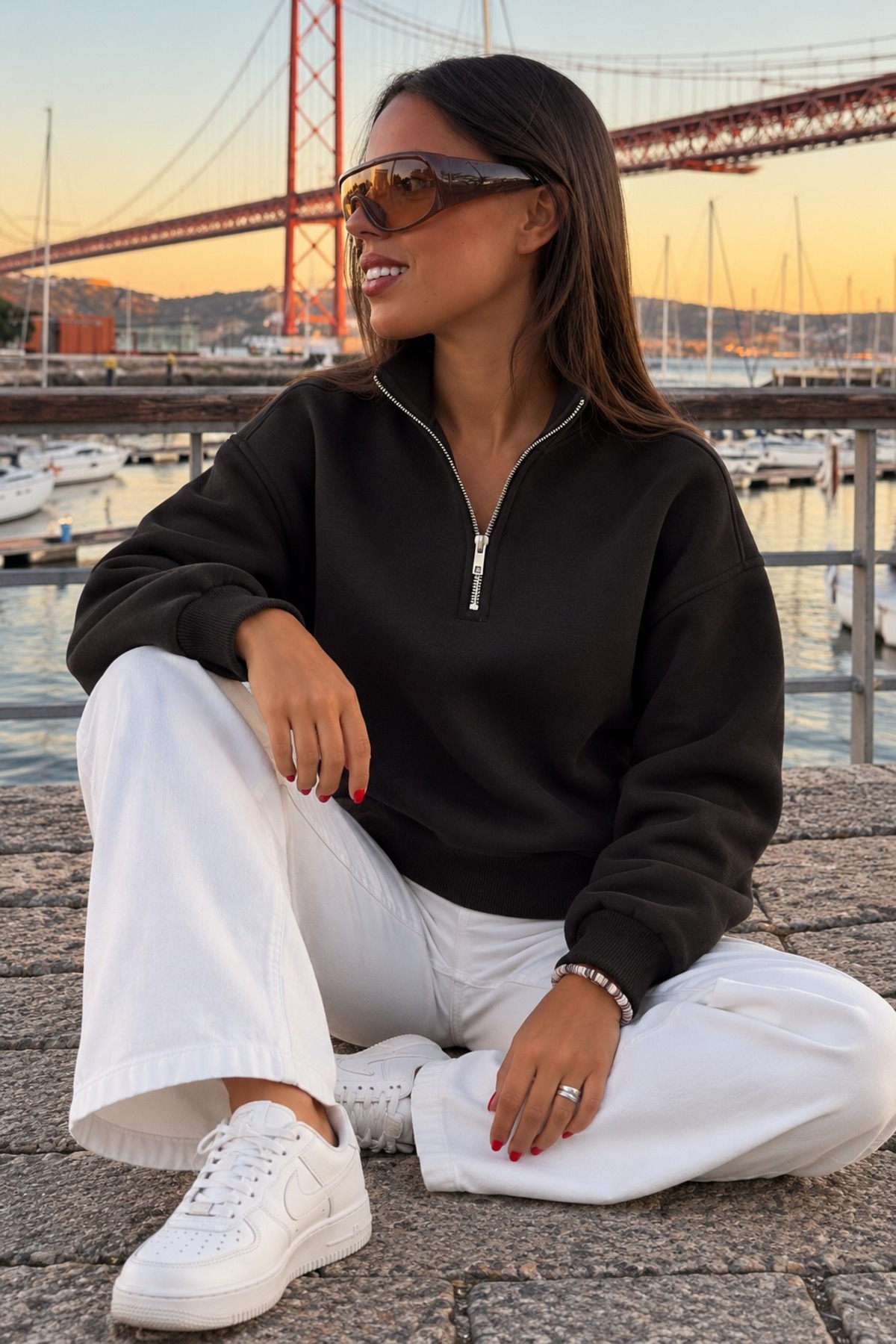 Kadın Rahat Fermuar Yakalı Günlük Siyah Sweatshirt 3