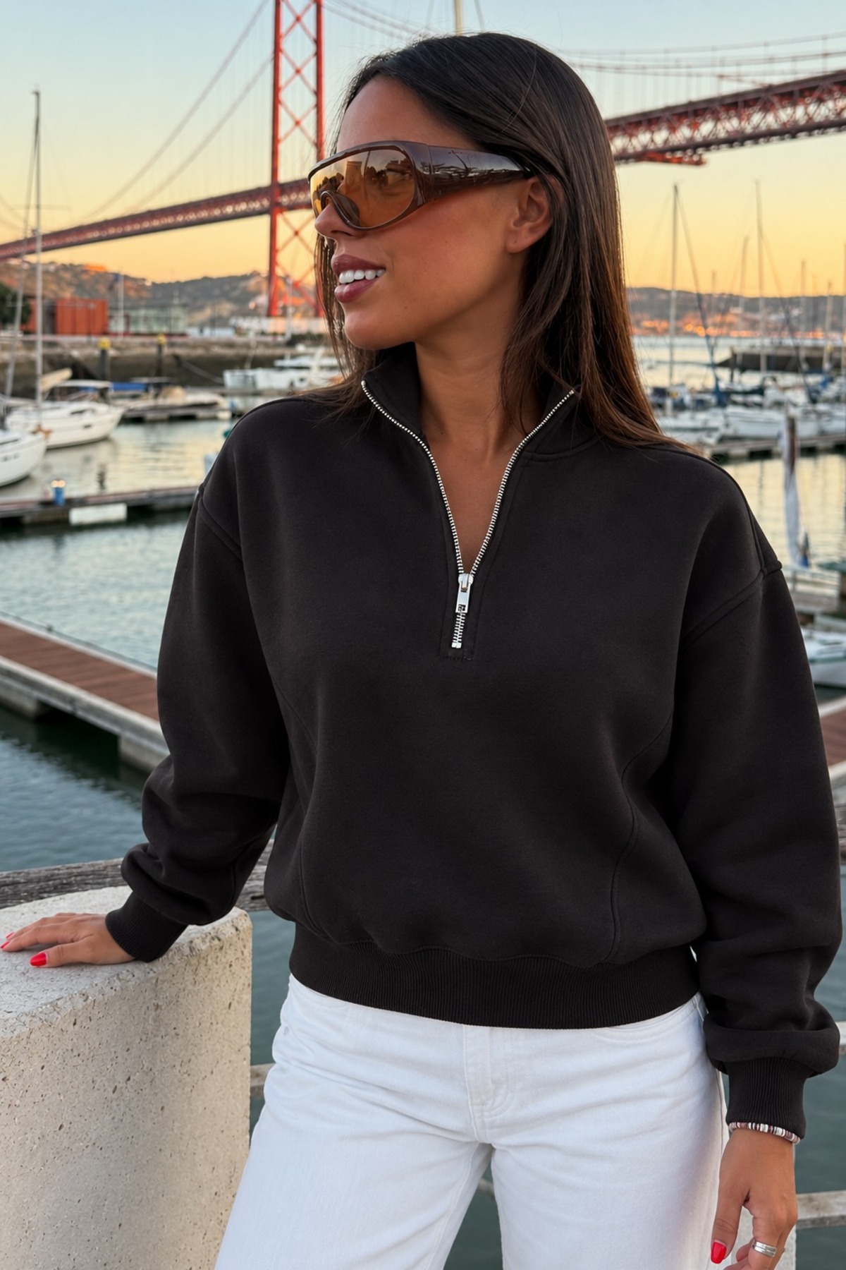 Kadın Rahat Fermuar Yakalı Günlük Siyah Sweatshirt 4