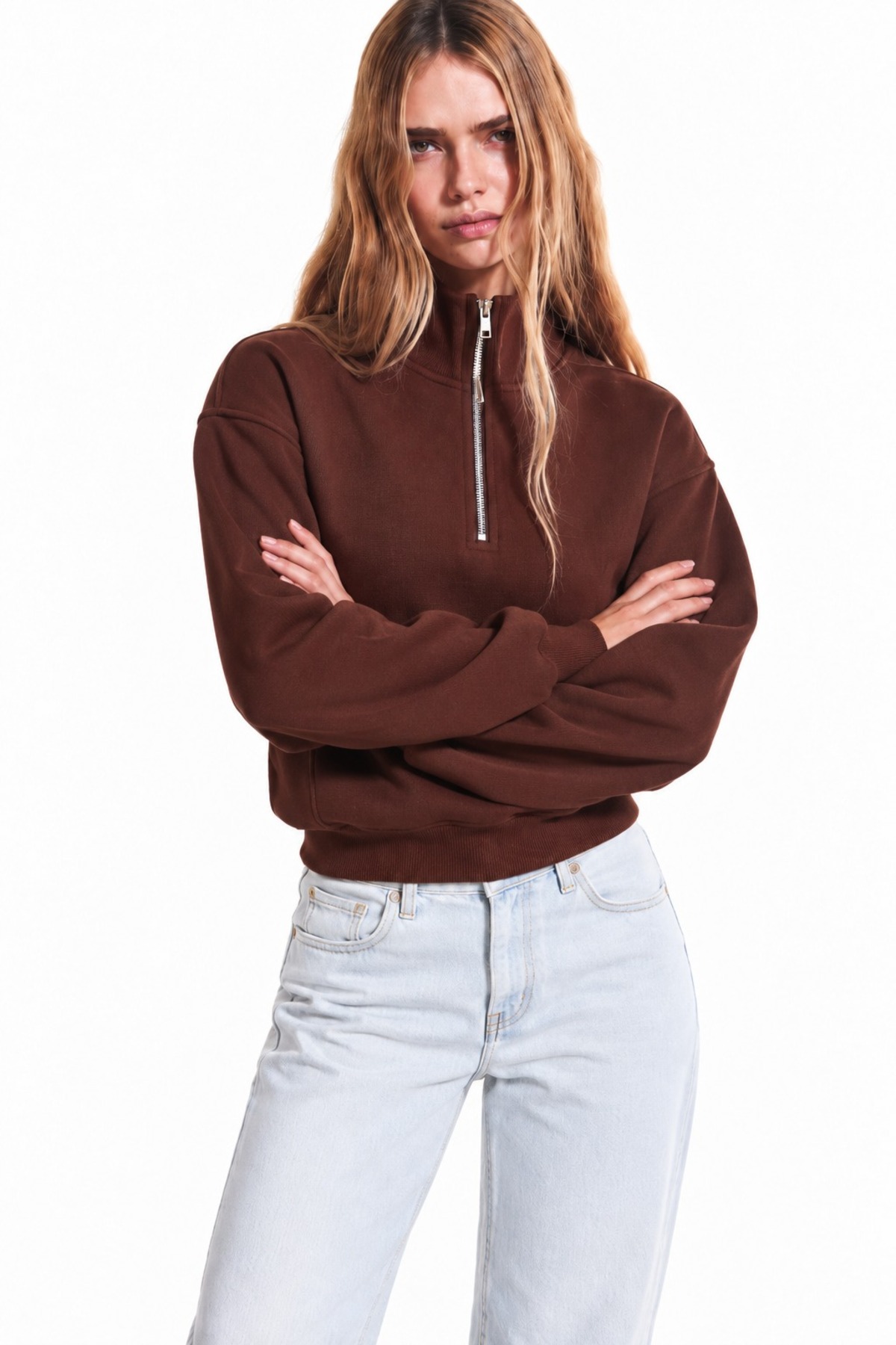 Kadın Yarım Fermuarlı Dik Yaka Oversize Günlük Kahve Sweatshirt 5