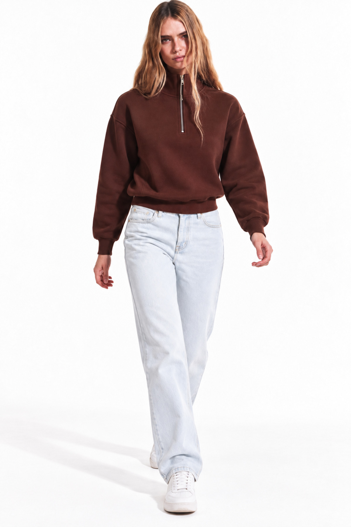 Kadın Yarım Fermuarlı Dik Yaka Oversize Günlük Kahve Sweatshirt 3