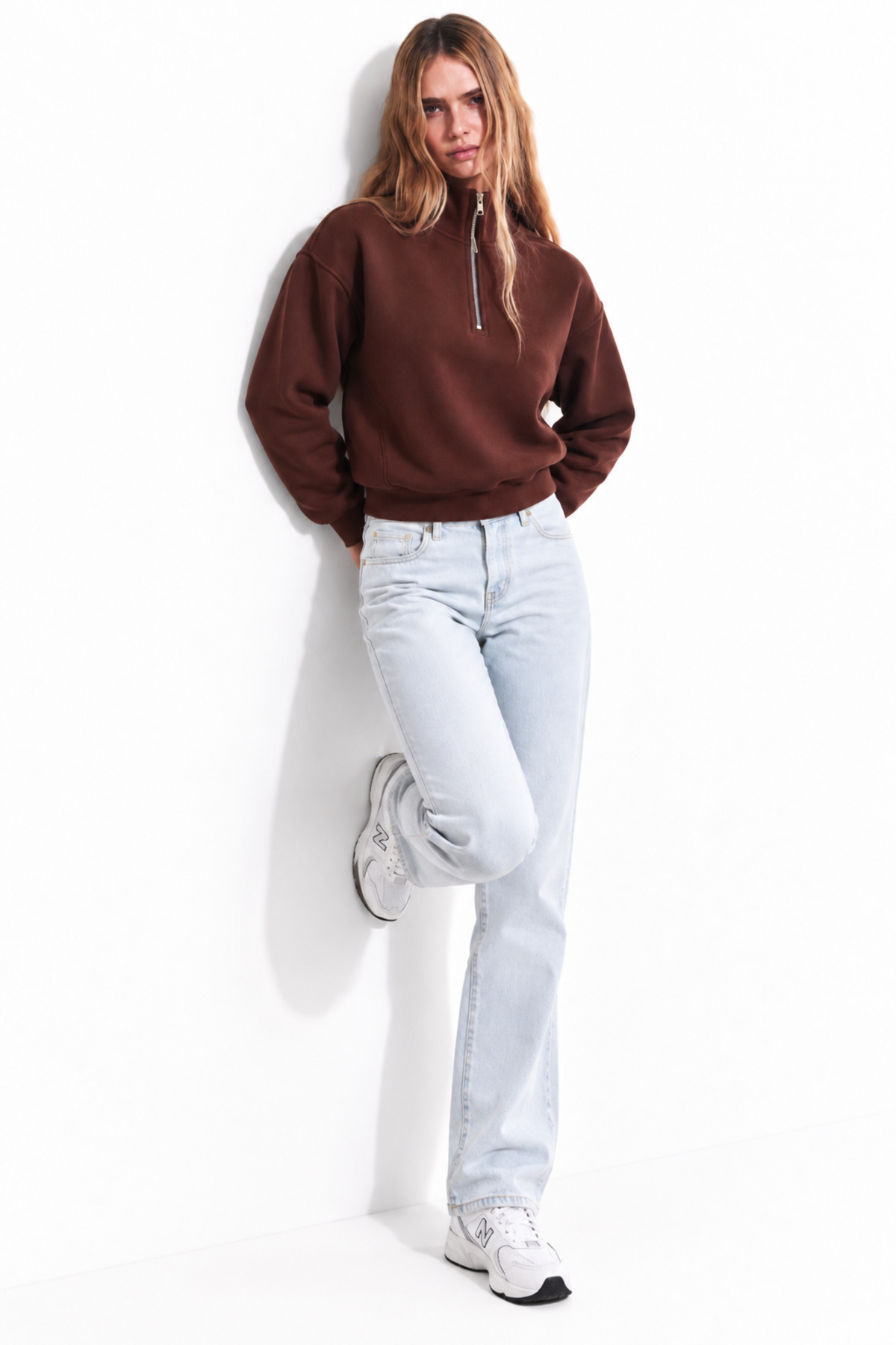 Kadın Yarım Fermuarlı Dik Yaka Oversize Günlük Kahve Sweatshirt 6