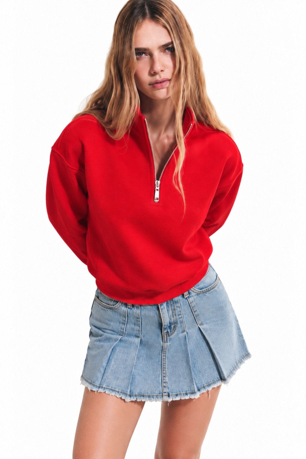 Kadın Yarım Fermuarlı Dik Yaka Oversize Günlük Kırmızı Sweatshirt 5