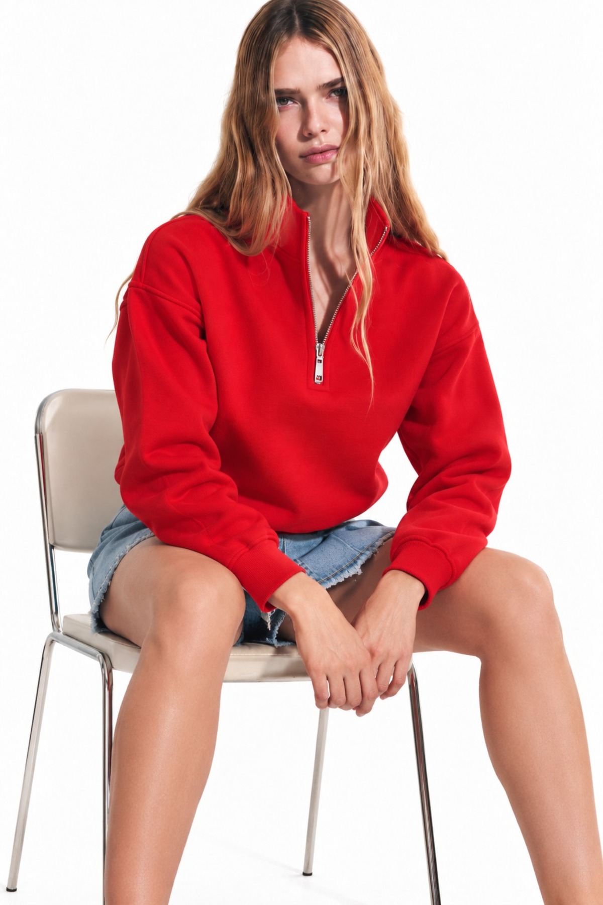 Kadın Yarım Fermuarlı Dik Yaka Oversize Günlük Kırmızı Sweatshirt 4