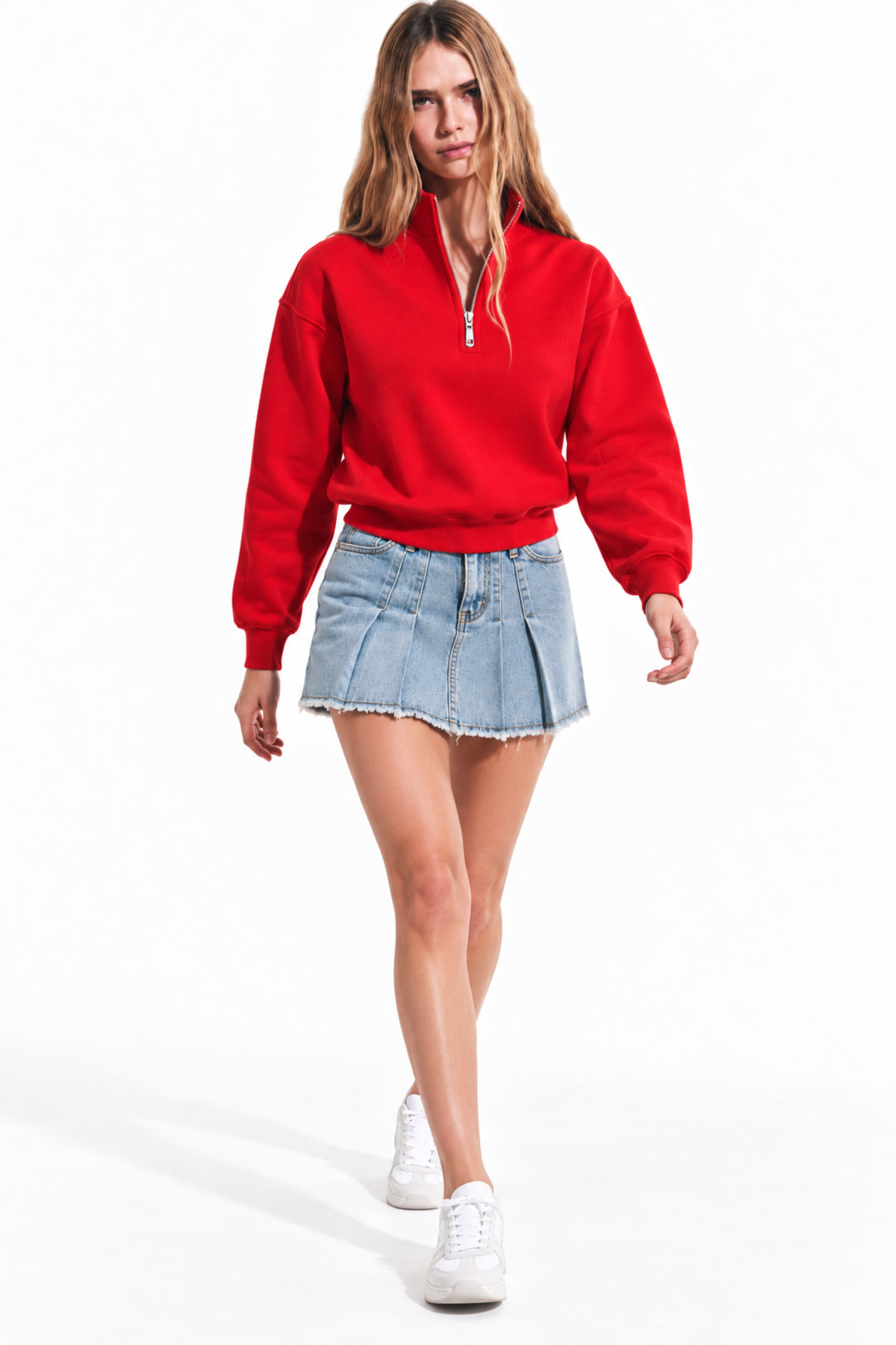 Kadın Yarım Fermuarlı Dik Yaka Oversize Günlük Kırmızı Sweatshirt 6