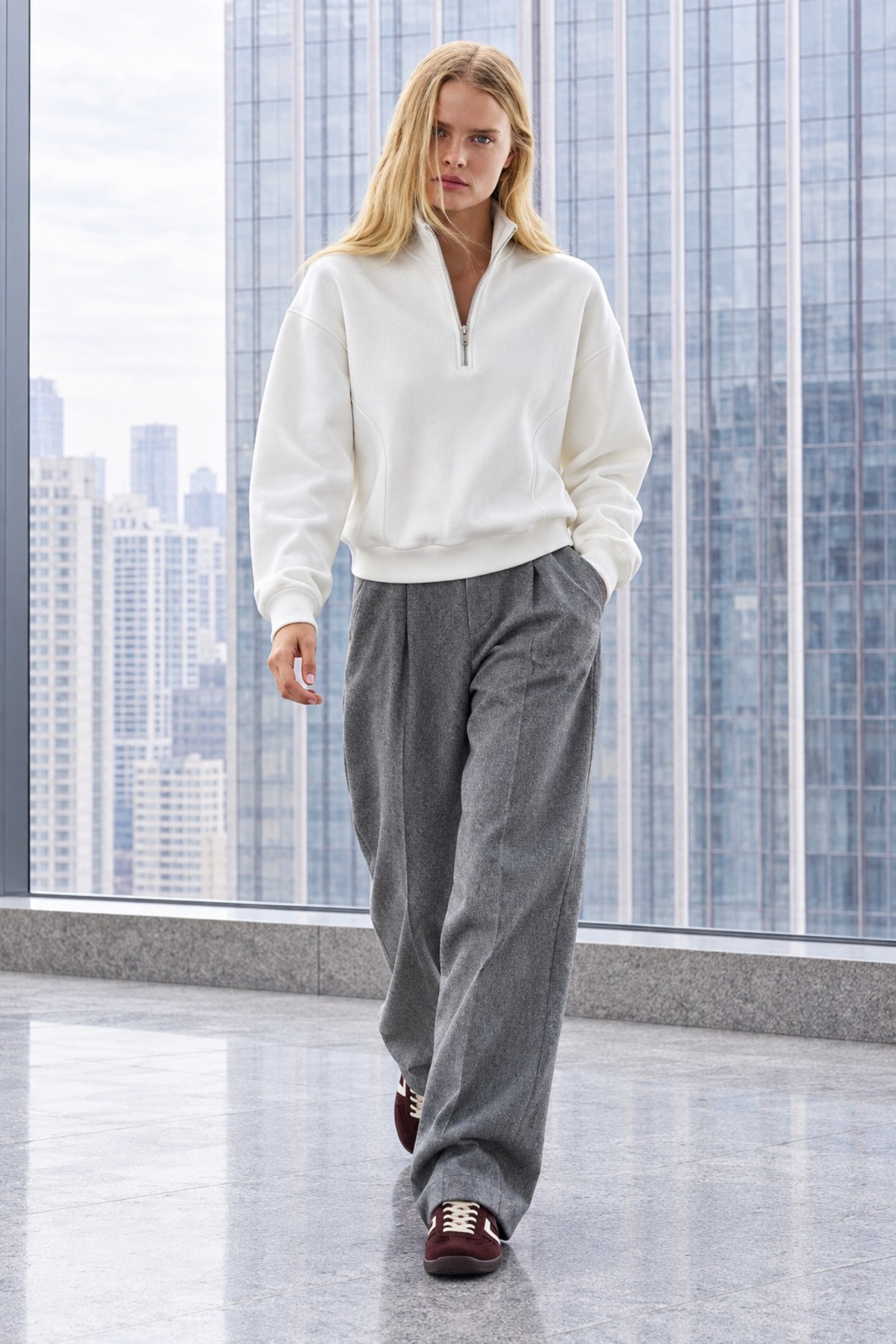 Kadın Uzun Kollu Fermuarlı Basic Beyaz Sweatshirt 6