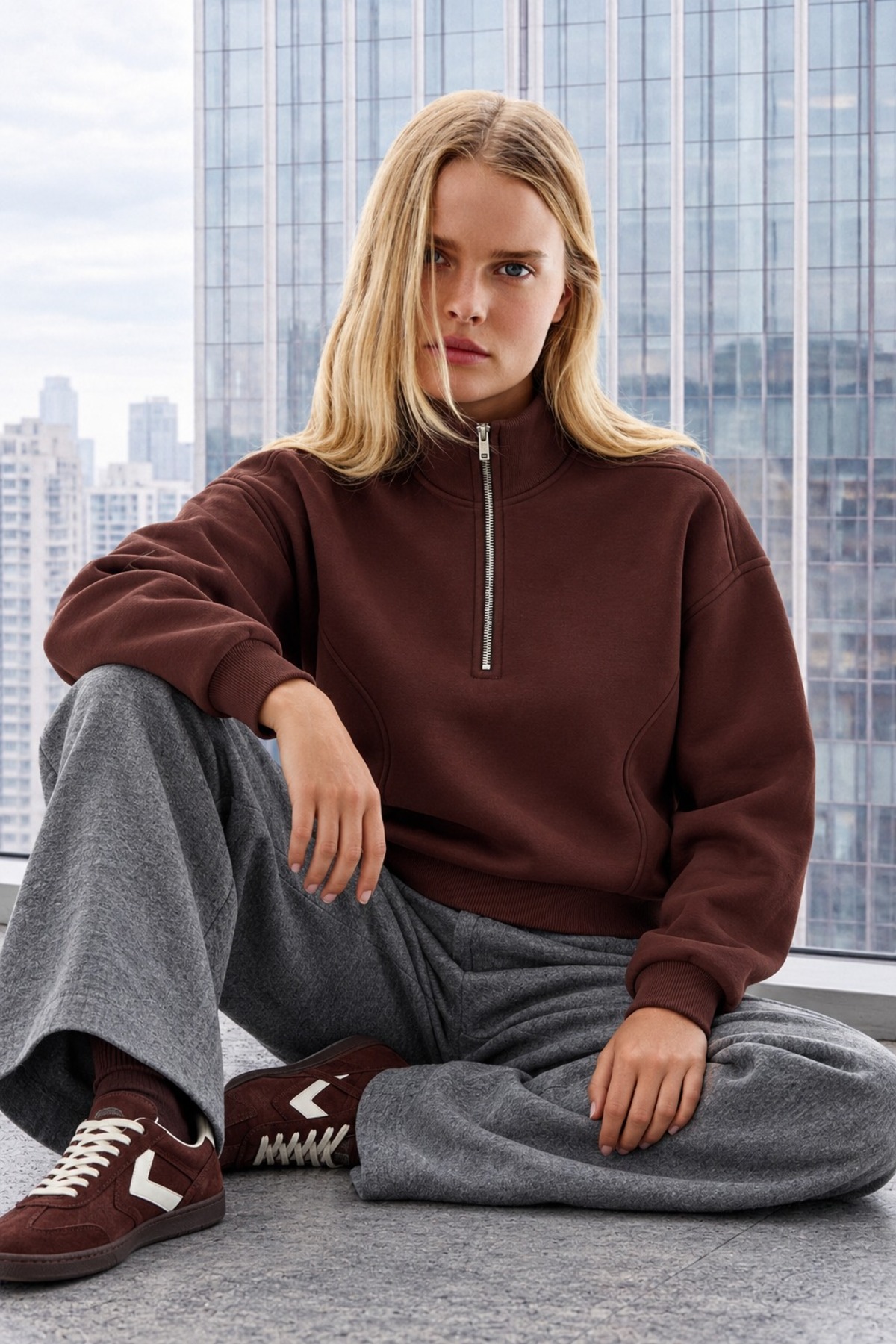 Kadın Uzun Kollu Fermuarlı Basic Kahve Sweatshirt 3