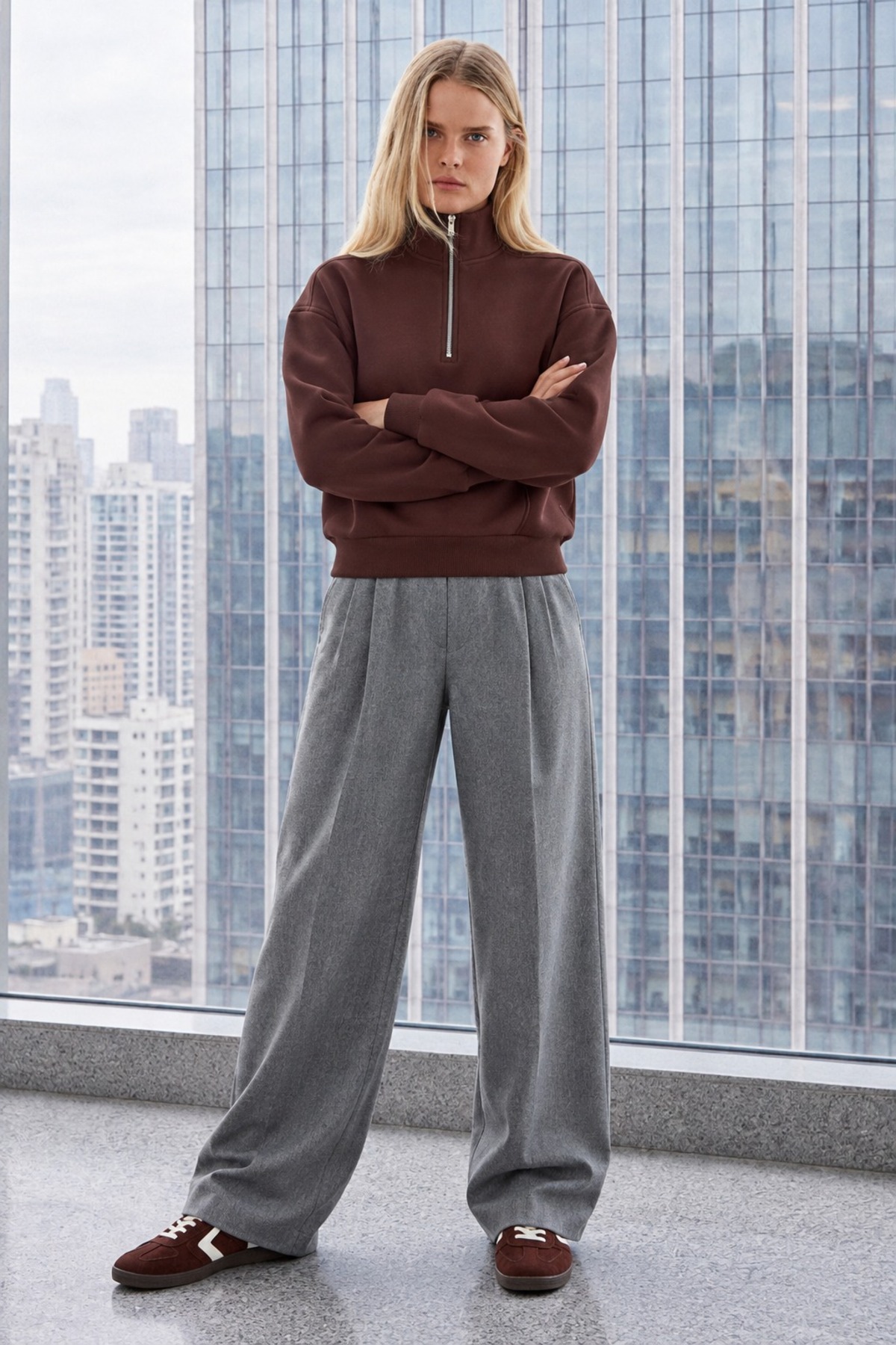 Kadın Uzun Kollu Fermuarlı Basic Kahve Sweatshirt 5