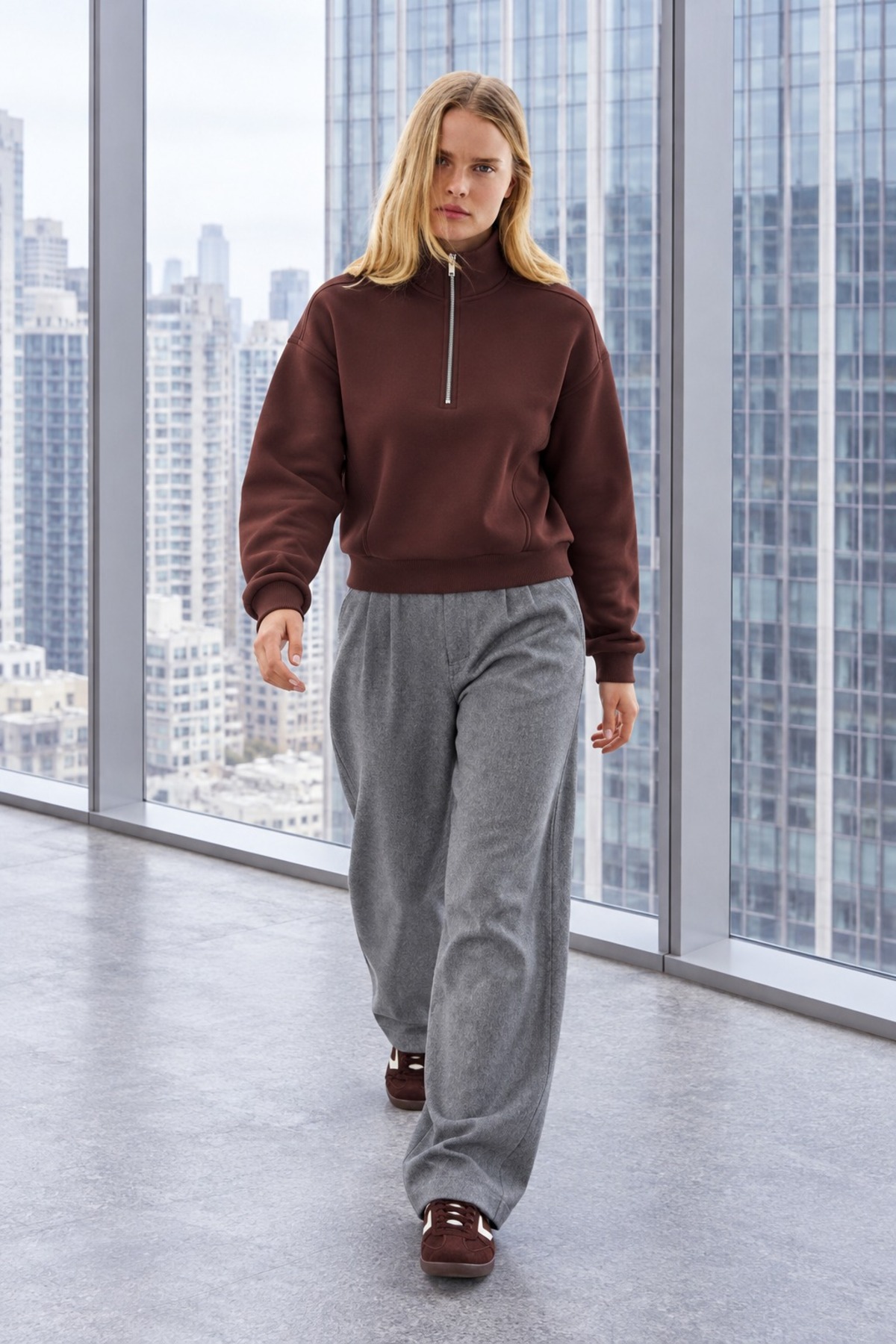Kadın Uzun Kollu Fermuarlı Basic Kahve Sweatshirt 6