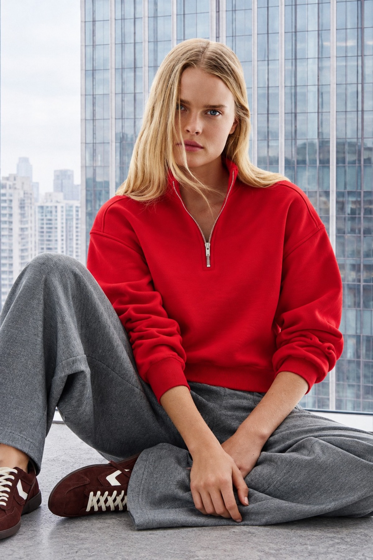 Kadın Uzun Kollu Fermuarlı Basic Kırmızı Sweatshirt 3